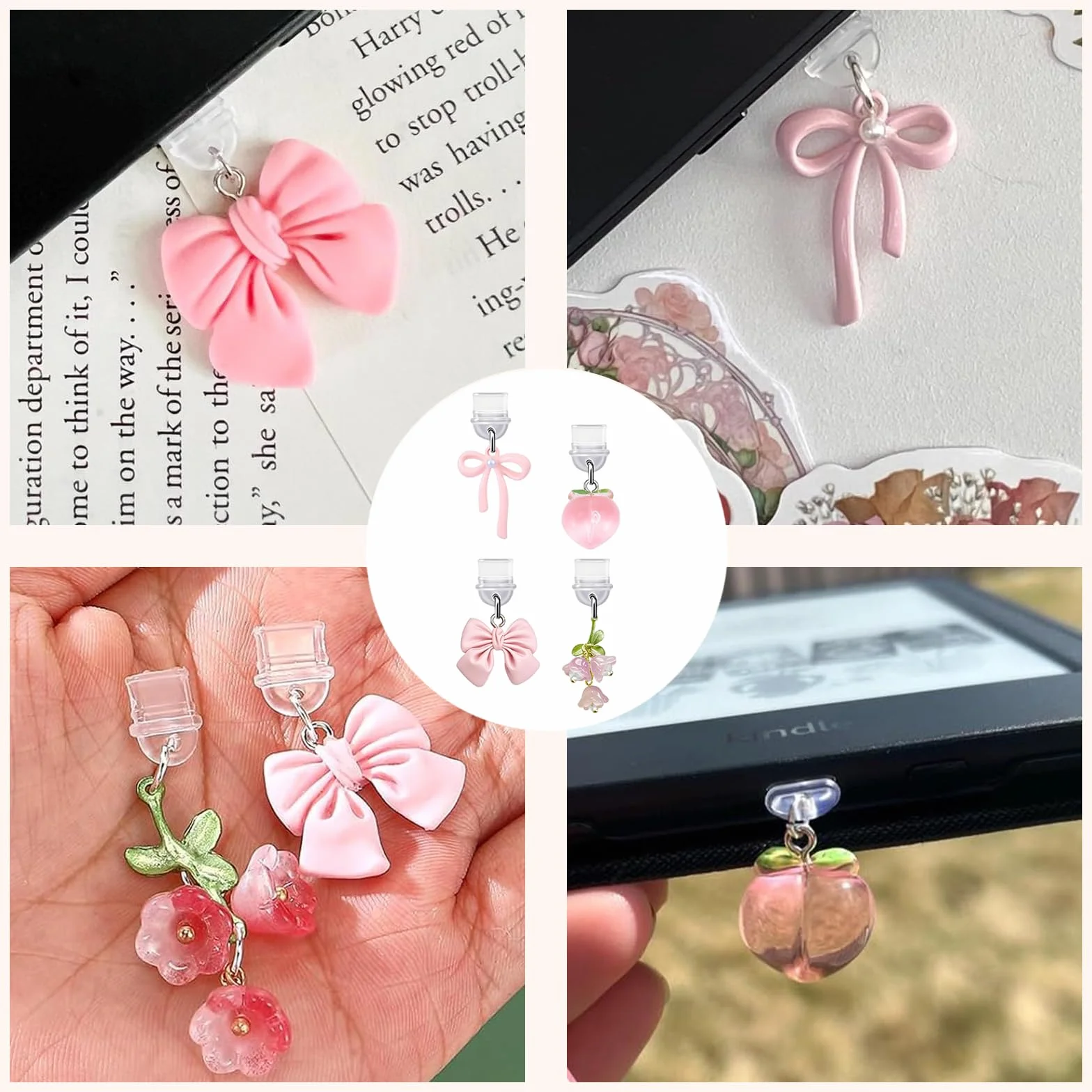 VelvetGlow 4 Piezas Charms Protector Polvo Lazo Rosa Compatible E-Reader Kindle iPad Puerto Carga Tipo C USB C
