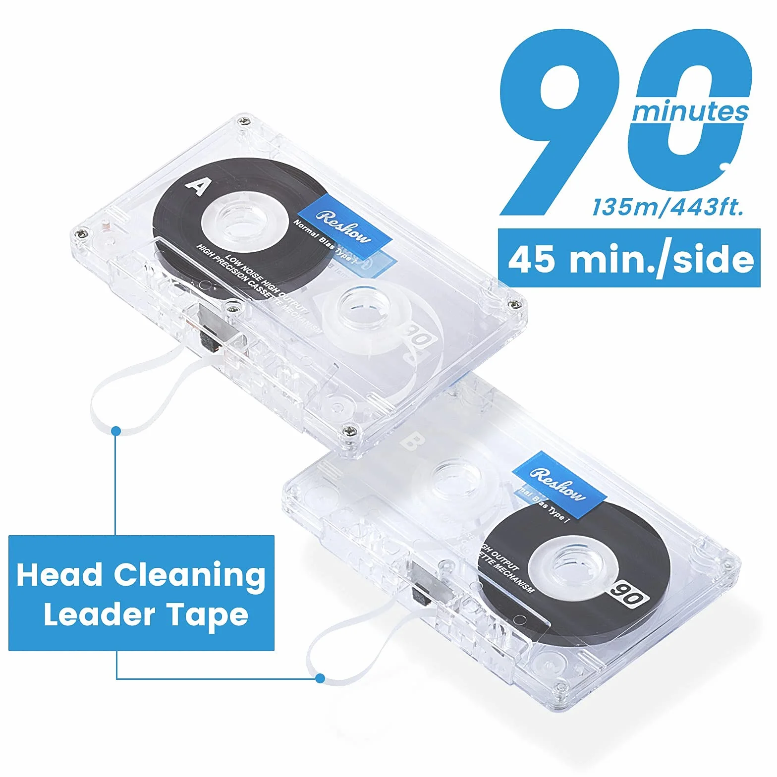 Casetes de Audio Silenciosos 90 Minutos, Cartuchos Vacíos con Funda Individual de Plástico Transparente (5 Unidades)