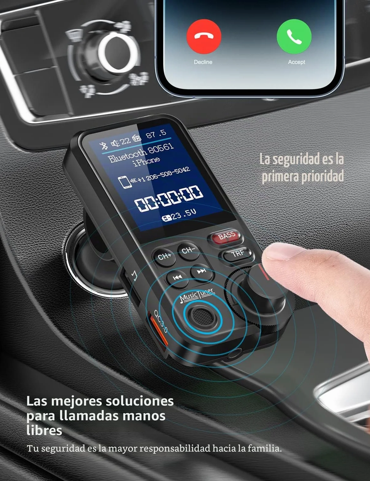 Nulaxy Transmisor Bluetooth Coche KM30, Micrófono Fuerte, Pantalla a Color 1.8", Carga QC3.0