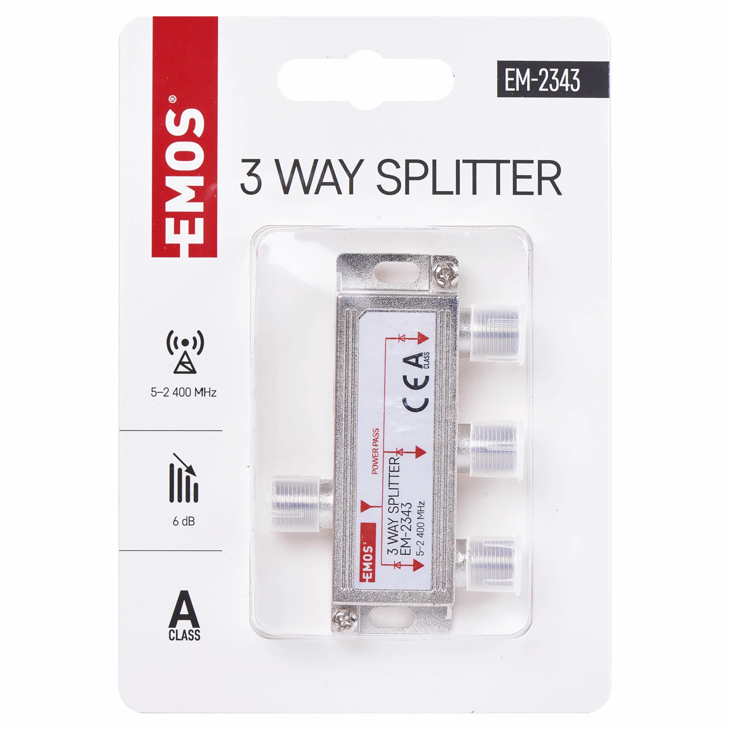 EMOS Distribuidor de antena de 3 vías, clase A, 3 vías, divisor SAT con conector F, totalmente blindado, 6 dB, frecuencia 5 – 2400 MHz, 1 entrada/3 salidas, antena SAT+TV, distribuidor de televisión