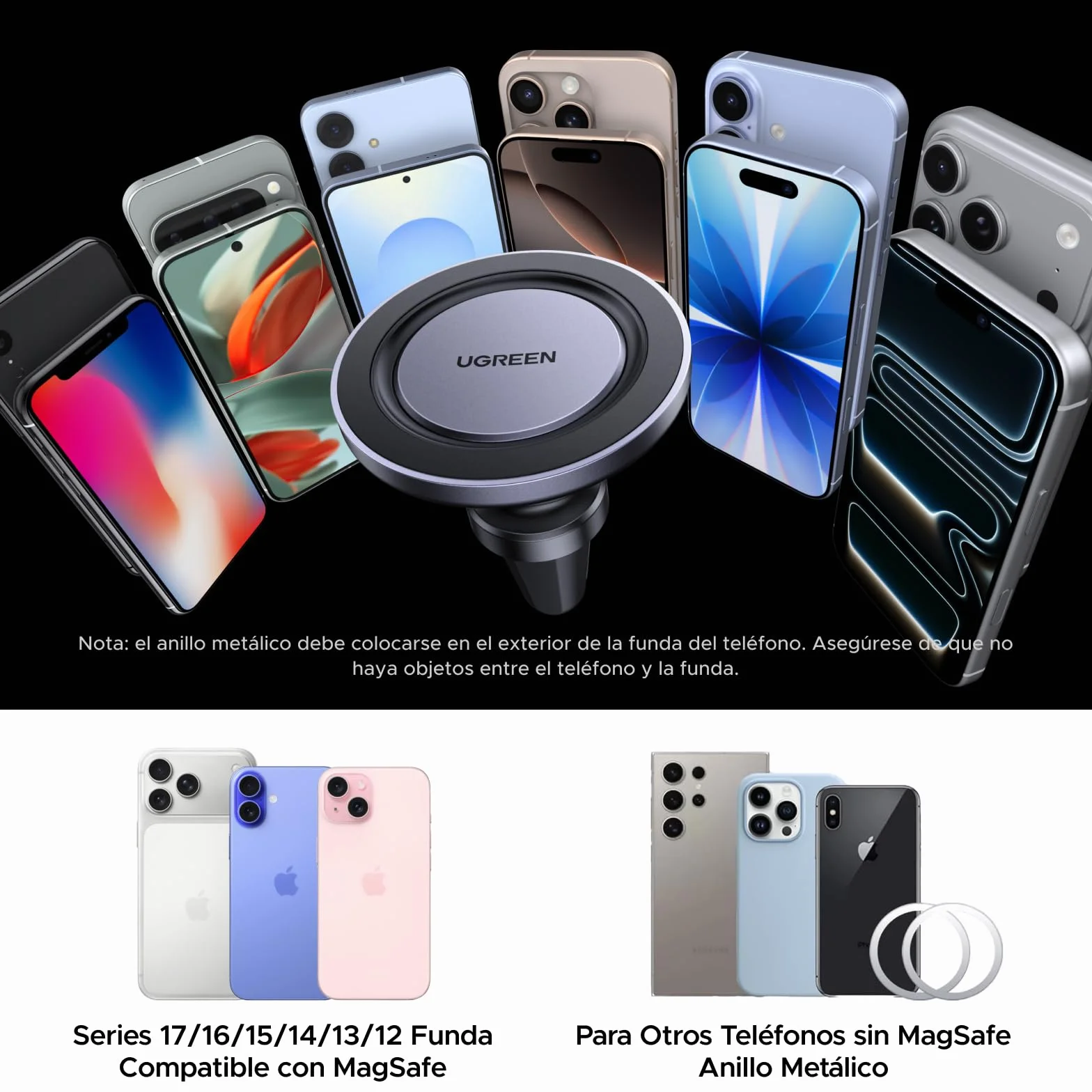 UGREEN Soporte Móvil Coche Magsafe, Suporte Magnético, Clip Rejilla Ventilación, iPhone 17 Pro MAX Air/16/15/14, Galaxy S25/S24, Google Pixel 10/9/8