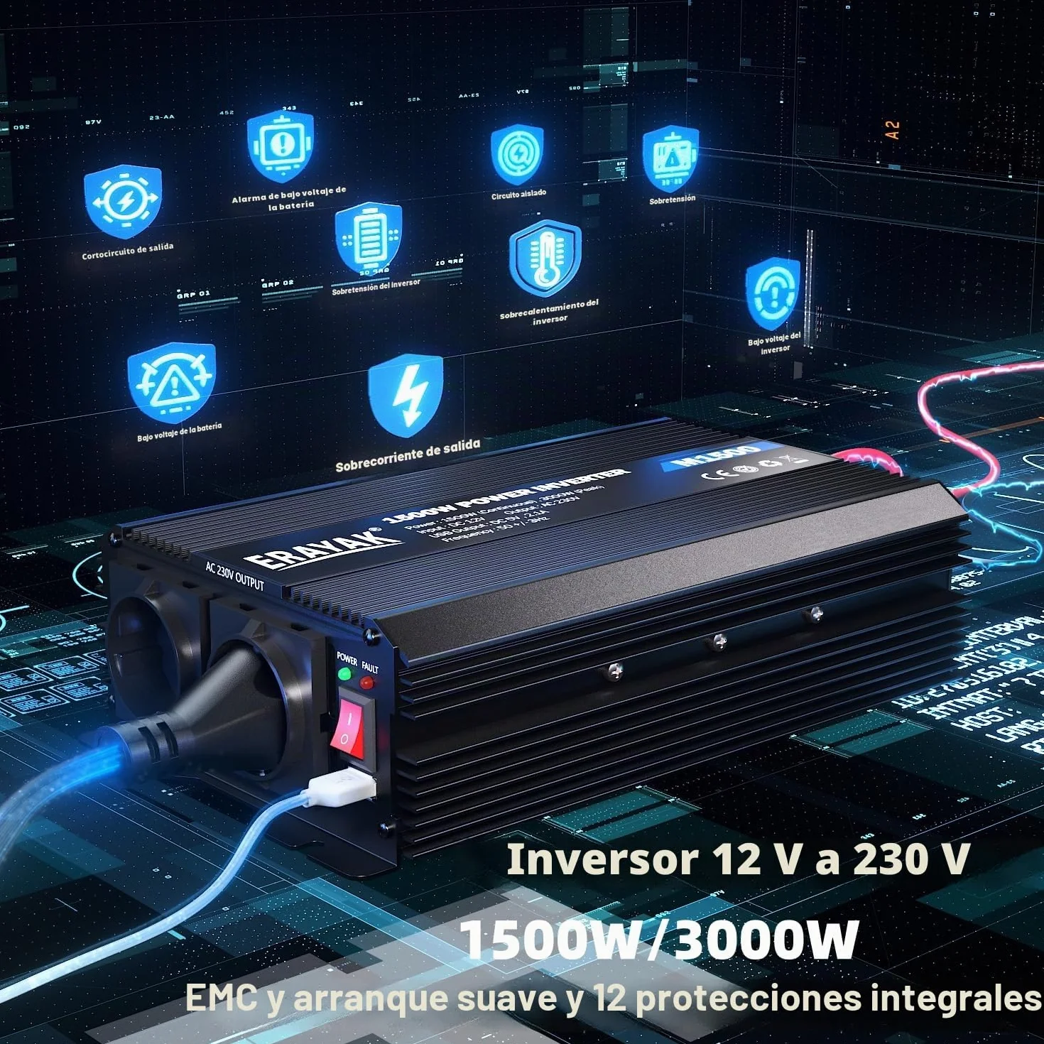 ERAYAK Convertidor de Voltaje 12v 230v 1500W / 3000W Inversor de Coche DC AC 12v Convertidor de Enchufe Convertidor de Corriente Vehículos Caravana Coche Onda sinusoidal modificada