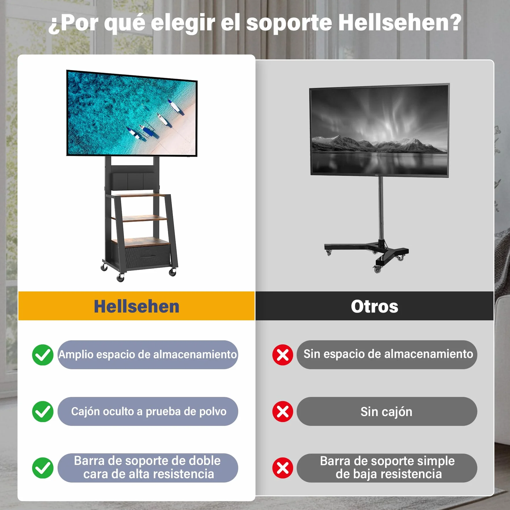 Soporte de TV con Ruedas, cajón y Almacenamiento, para TV Planas/Curvas de 23"-60", hasta 72kg, Altura Ajustable, Carrito móvil para TV, para hogar, Oficina, Exteriores, VESA máximo de 400 x 400mm