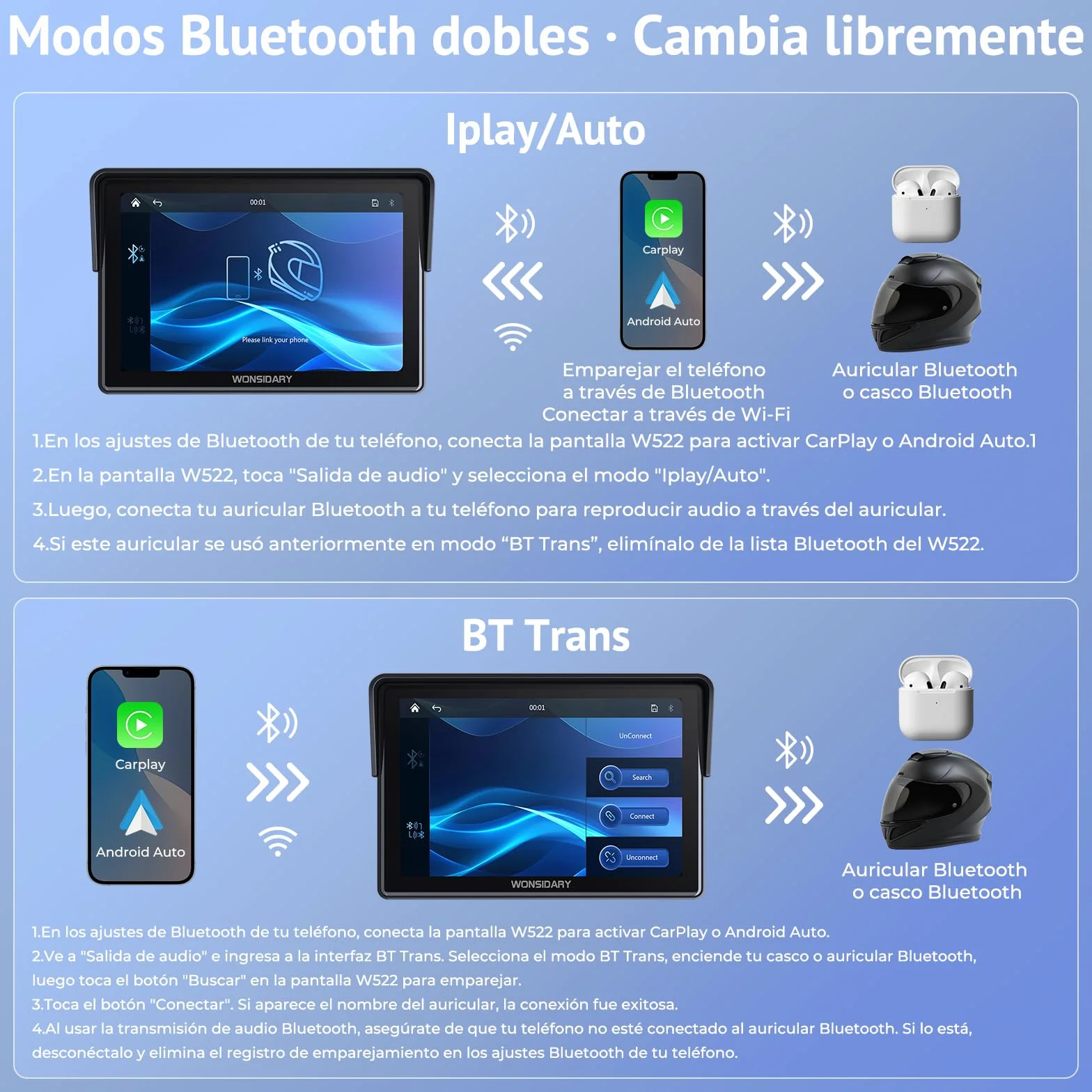 Carplay Moto 7 Pulgadas Pantalla TáCtil,InaláMbricos Carplay y Android Auto, Navegador GPS Moto Conectar y Usar con IP67 Impermeable, Sensor De Luz,Bluetooth Trans, Siri/Google Assistant,EQ