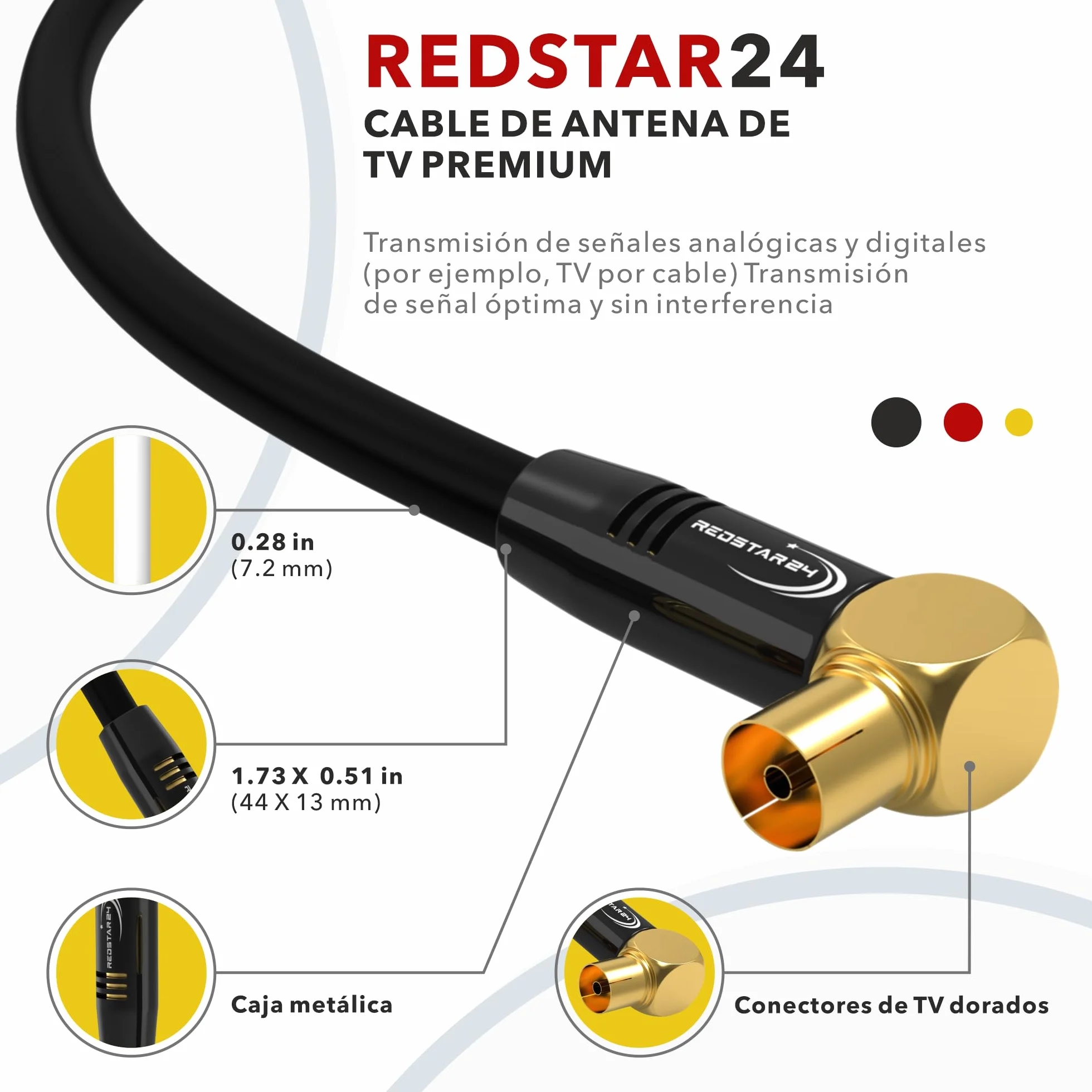 RedStar24 Cable de antena 5m Negro – 90° Ángulo Coaxial | Macho a Hembra – Cable Coaxial HDTV Premium para Televisión por Cable | Cable de TV: Compatible con TV, Radio, DVB-T/T2, DVB-C, DAB