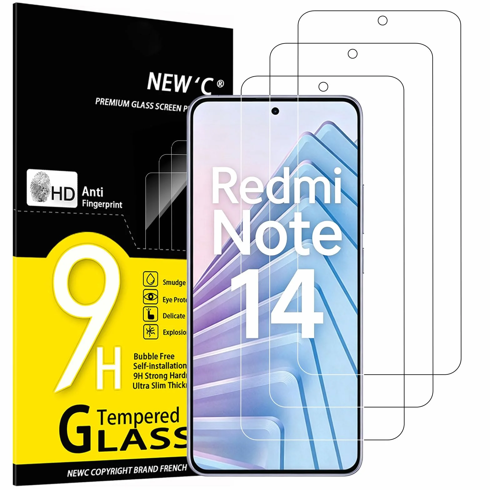 NEW'C 3 Piezas, Protector Pantalla para Xiaomi Redmi Note 14 5G/4G, (no compatible con Xiaomi Redmi Note 14 Pro 5G) Cristal templado Antiarañazos, Antihuellas, Sin Burbujas, Ultra Resistente