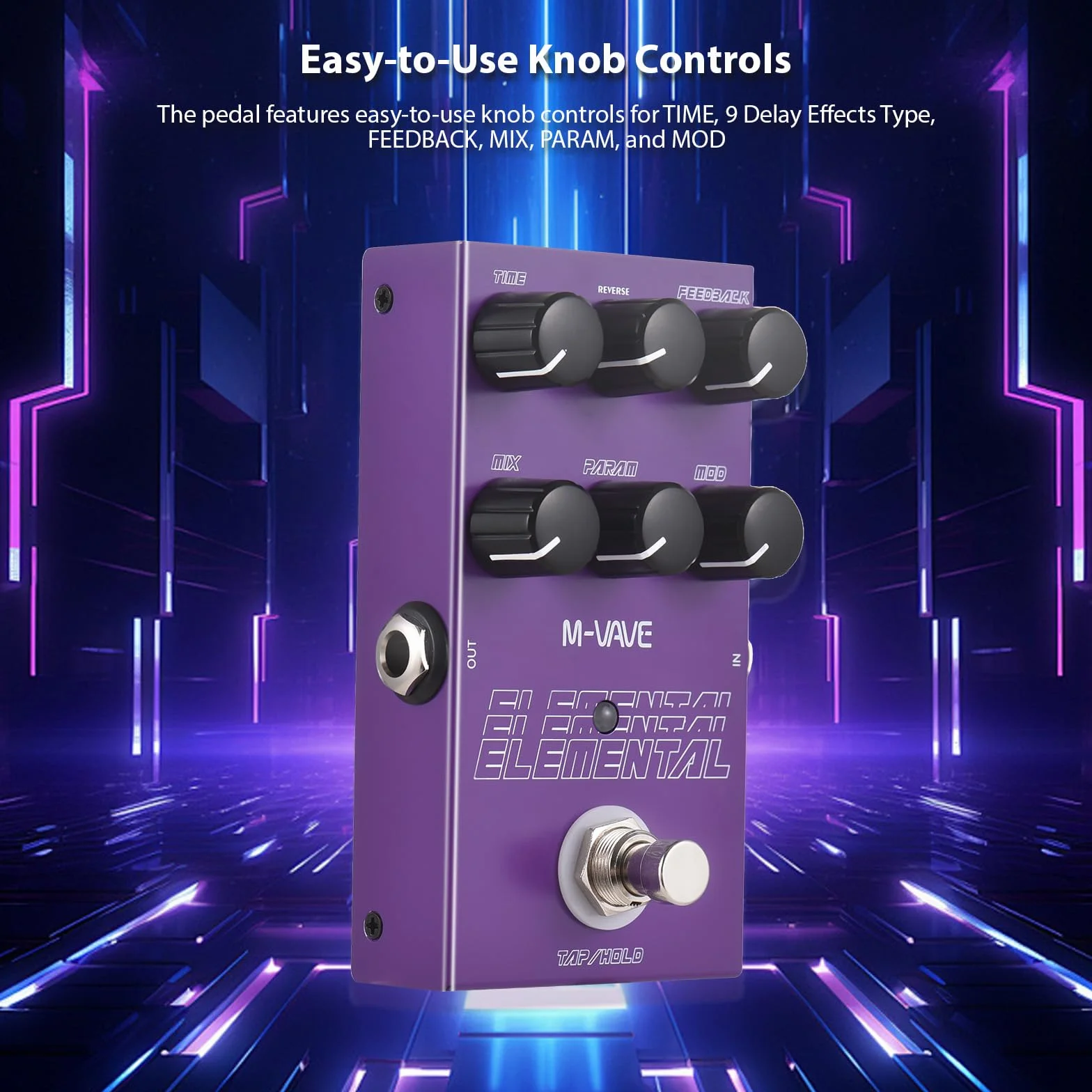 Efecto de retardo ELEMENTAL - Pedal de efectos de retardo para guitarra, tipo/9 efectos de retardo, tipo/feedback, MIX/PARAM/MOD, botón DC 9 V, interfaz de entrada/salida de 6,35 mm, efecto de