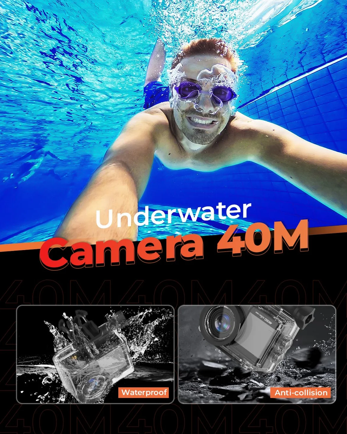 Cámara Deportiva 4K 60FPS con 64GB Tarjeta SD, 131FT Acuática, 24MP HD, 8X Zoom WiFi, 2x1350mAh Baterías