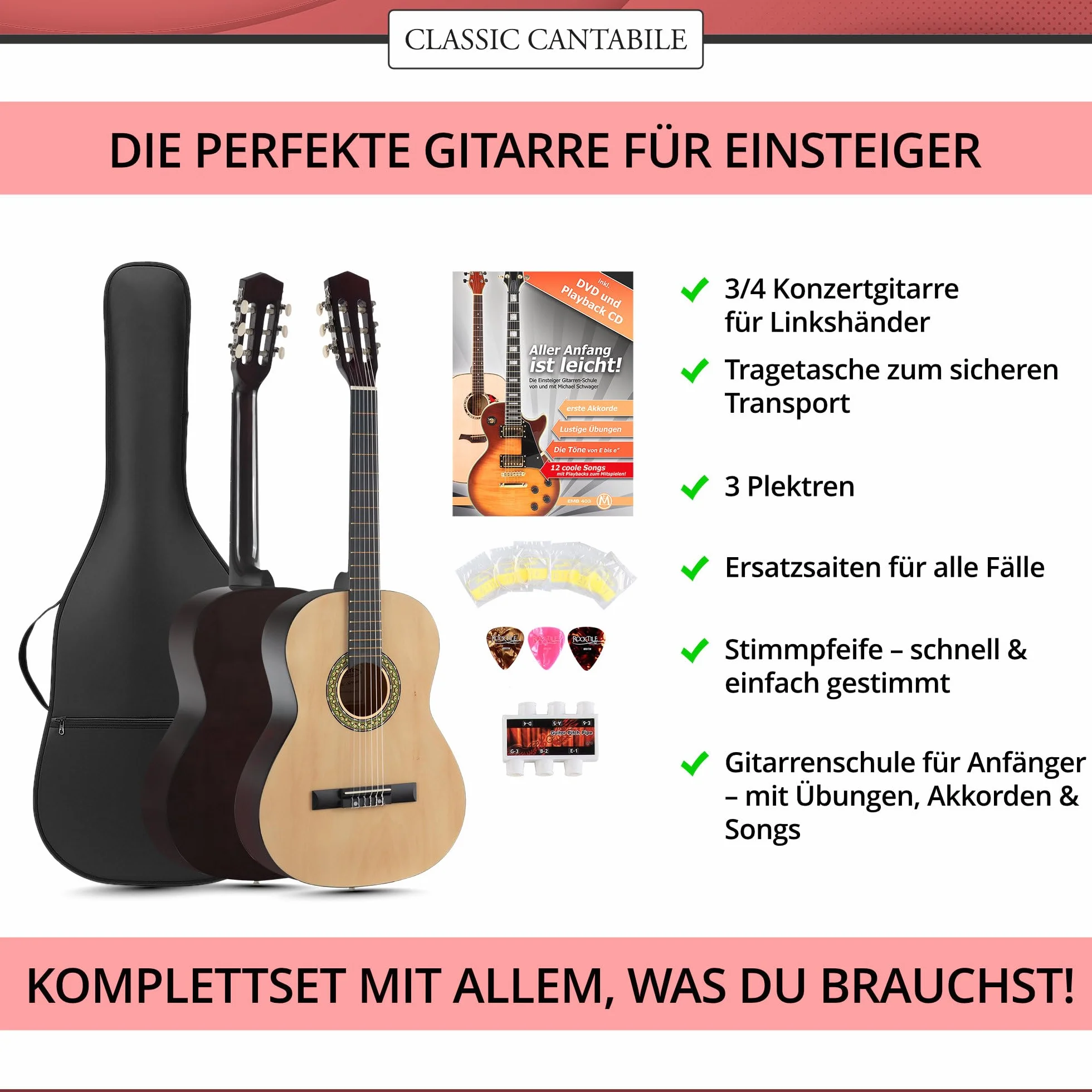 Classic Cantabile Acoustic Series AS-851-L guitarra clásica 3/4 set de inicio para zurdos