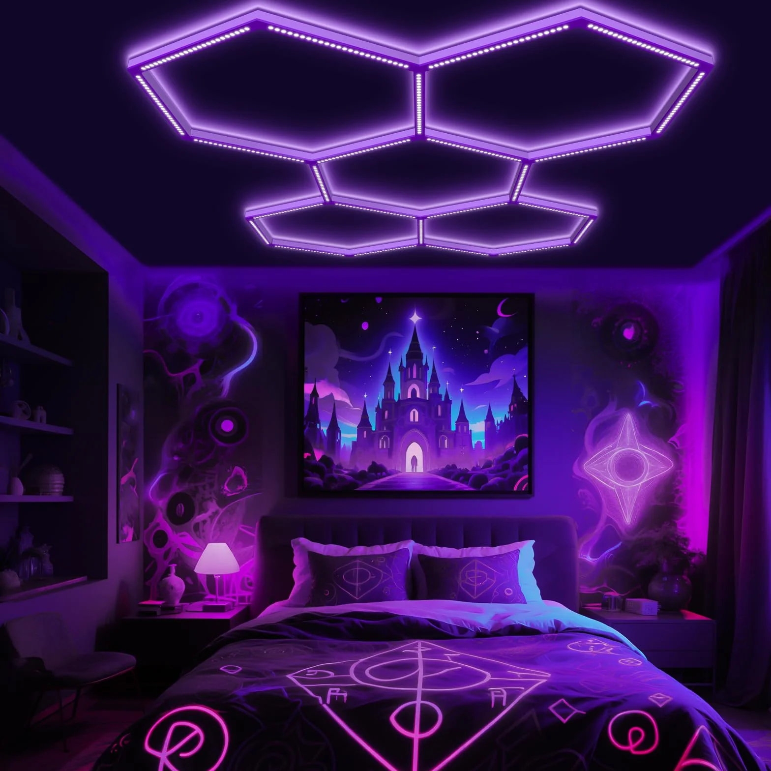 Luz negra hexagonal, 144 W, 5 rejillas LED de panal de abeja UV con enchufe de alimentación para luz de fiesta brillante, póster de pintura corporal, decoración fluorescente para fiesta de