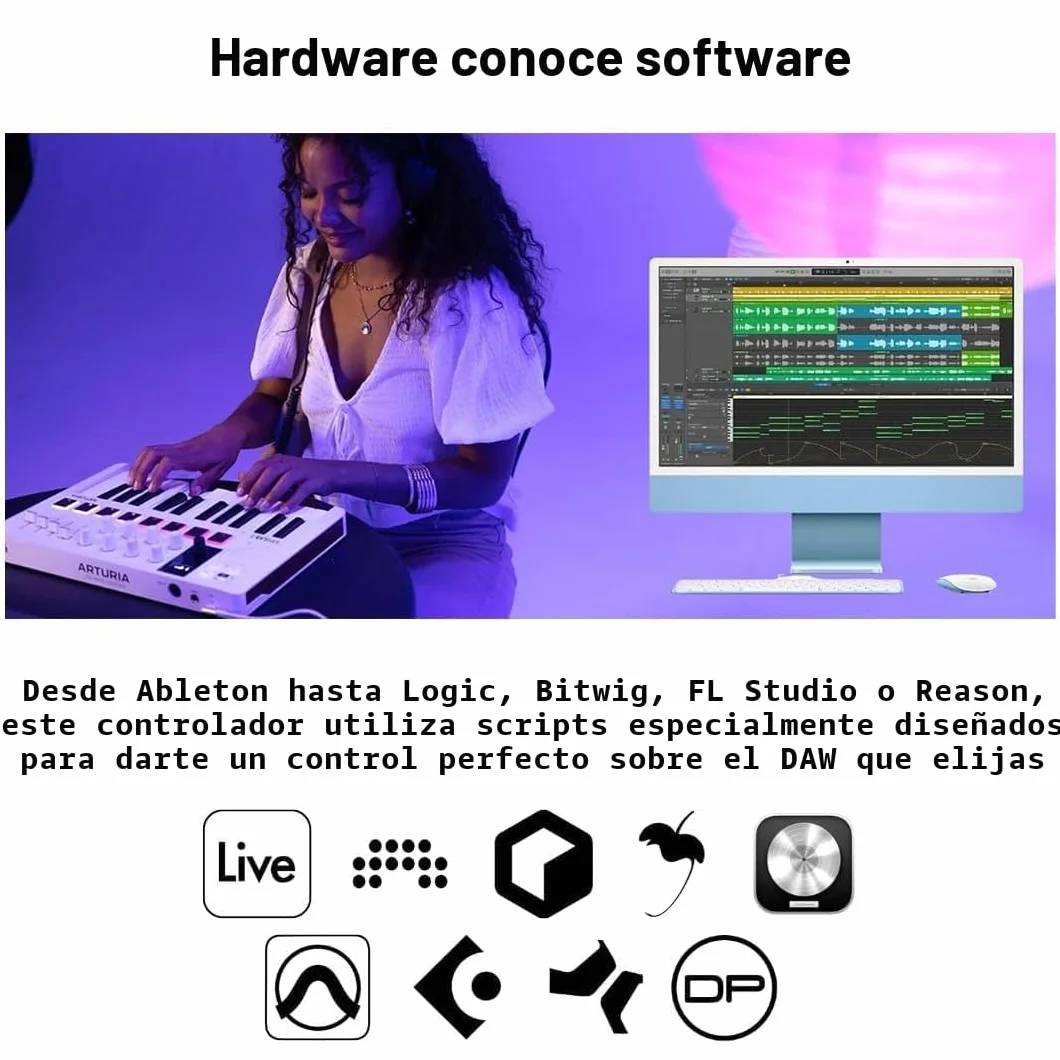 Arturia - MiniLab 3 - Controlador MIDI Universal para Producción Musical, con Paquete de Software Todo en Uno - 25 Teclas, 8 Pads Multicolor - Negro