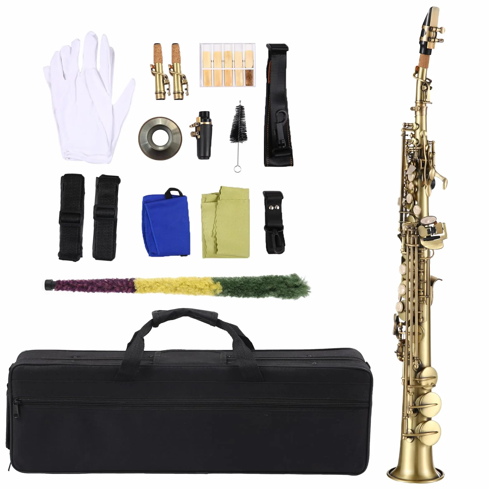 Btuty Saxofón soprano Bb recto de latón profesional, saxofón niquelado, instrumento de viento de madera, patrón tallado con estuche de transporte, boquilla, kit de limpieza de caña, guantes