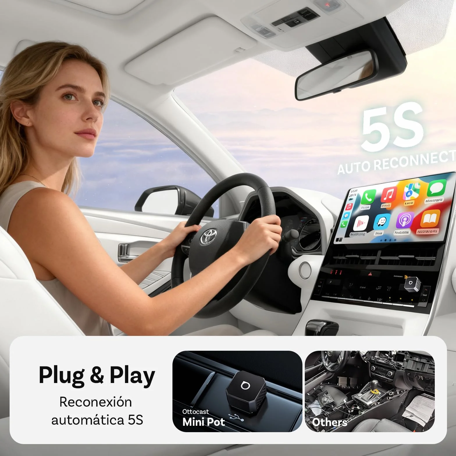 OTTOCAST Mini Pot 2026, Adaptador inalámbrico 2 en 1 para CarPlay y Android Auto, Compatible iOS 10+/Android 11+ y Coches con Carplay Desde 2016, Plug & Play, USB-A/Tipo C, Actualización OTA, Negro