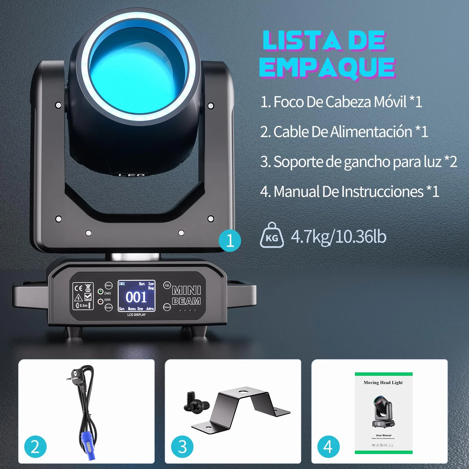 4 piezas Cabeza Móvil LED 200W Beam Iluminación de Escenario 7+1 Colores12 Gobos con tira de luz 18 Prisma Foco Luces de Fiesta DMX512 para Fiesta Cumpleaños Bar Discoteca