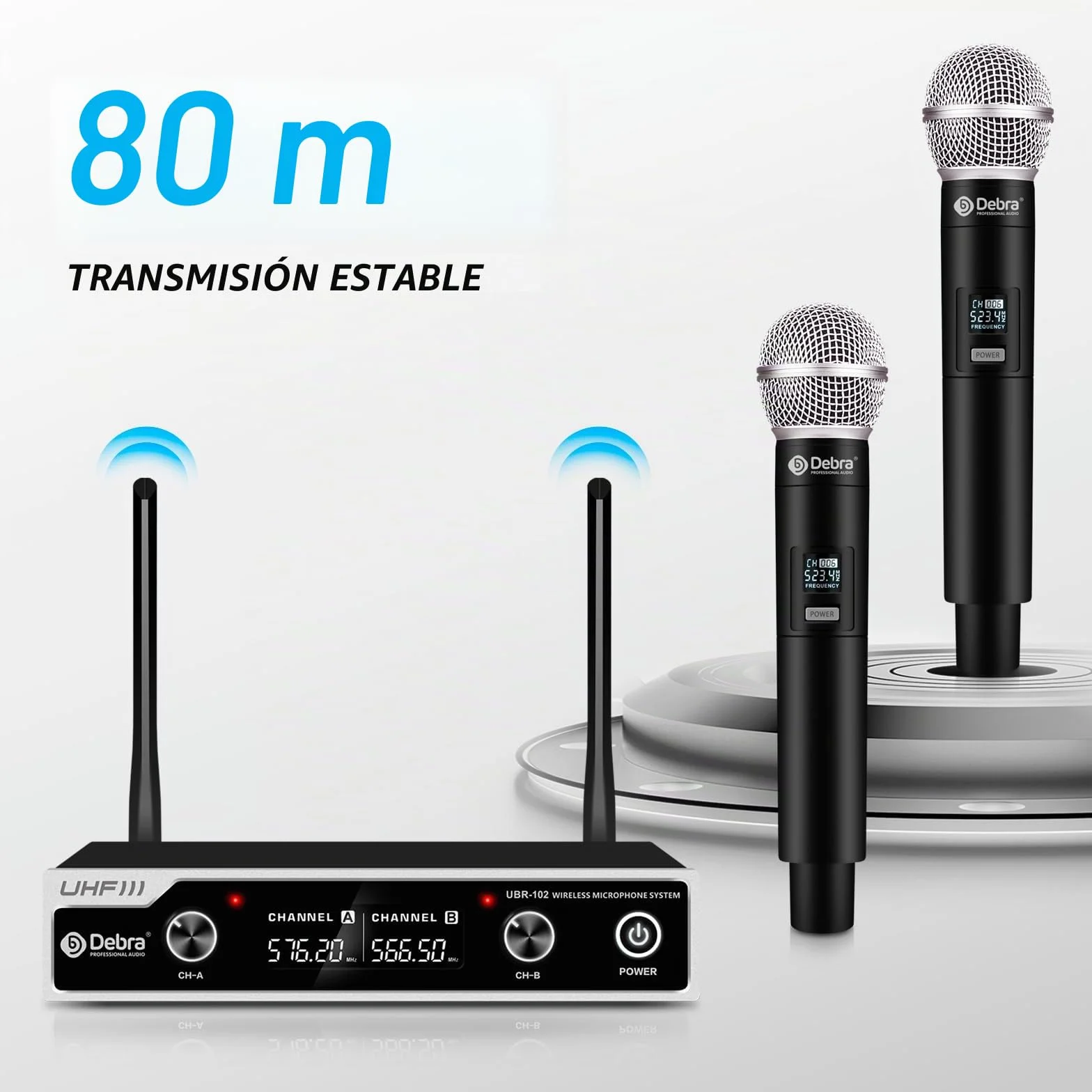 Microfono inalambrico Debra UHF UBR-102 con micrófonos inalámbricos de Diadema de Solapa, Alcance de 260 pies, Adecuado para Iglesias, conferencias, Karaoke, Bodas, DJ y Bares (2 de Mano)