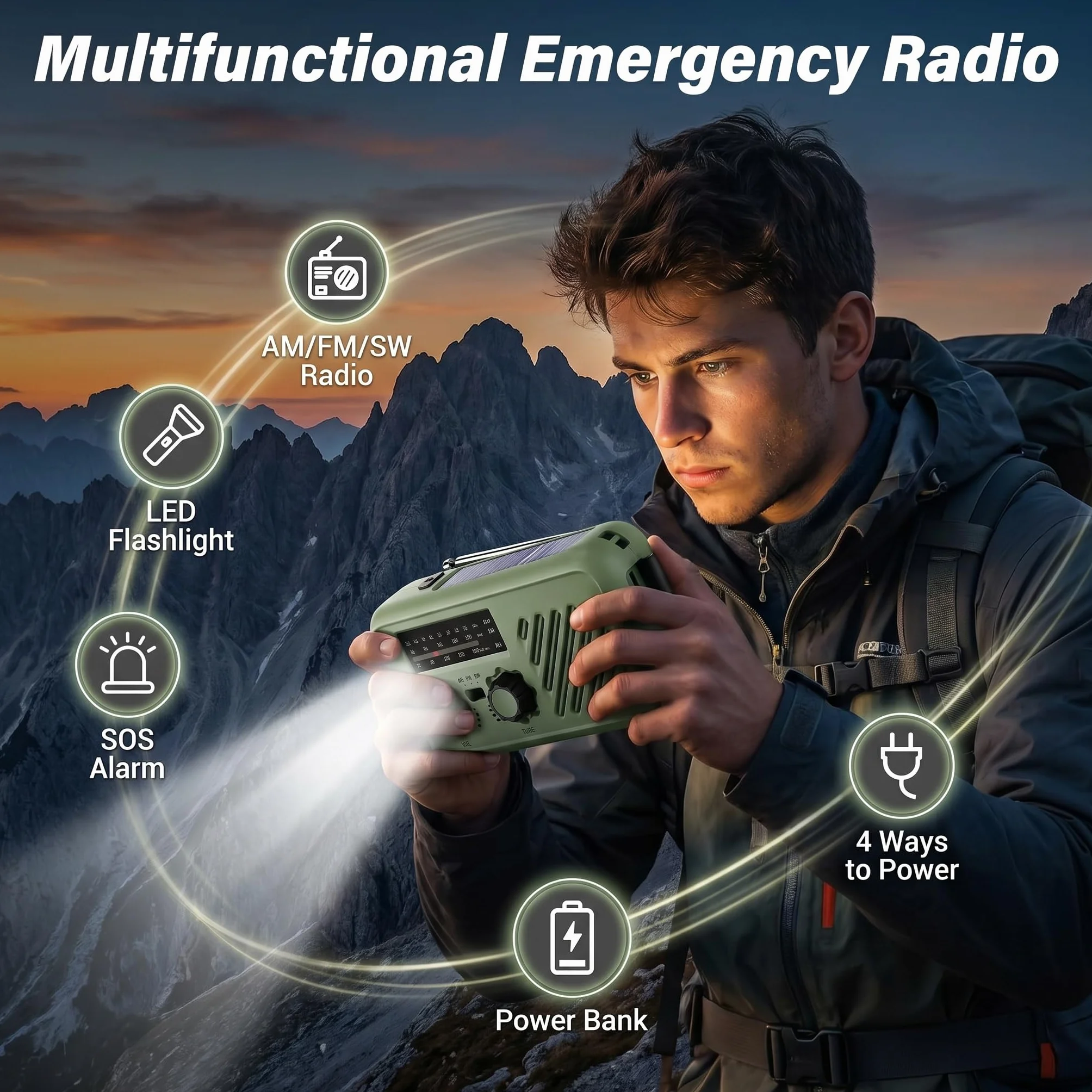 Radio de Emergencia Solar y Manivela, Radio FM/Am Portátil con Linterna LED, Luz de Lectura y Powerbank 2000mAh – Ideal para Cortes de Luz, Camping, Acampada y Regalos para Hombre