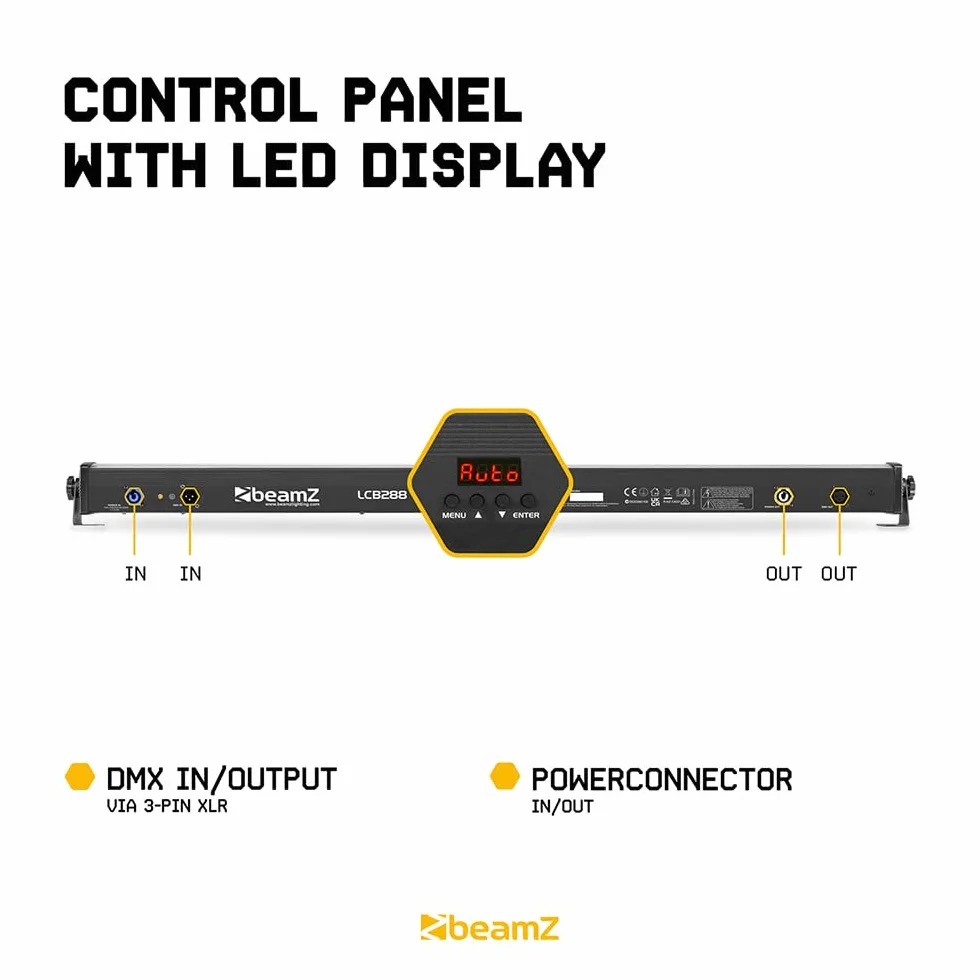 BeamZ LCB288 - Barra LED RGB+Blanco con 288 LEDs SMD, efectos wash y estrobo, control DMX, maestro/esclavo, secciones 3x16, iluminación profesional para DJ, fiestas, escenarios y discotecas