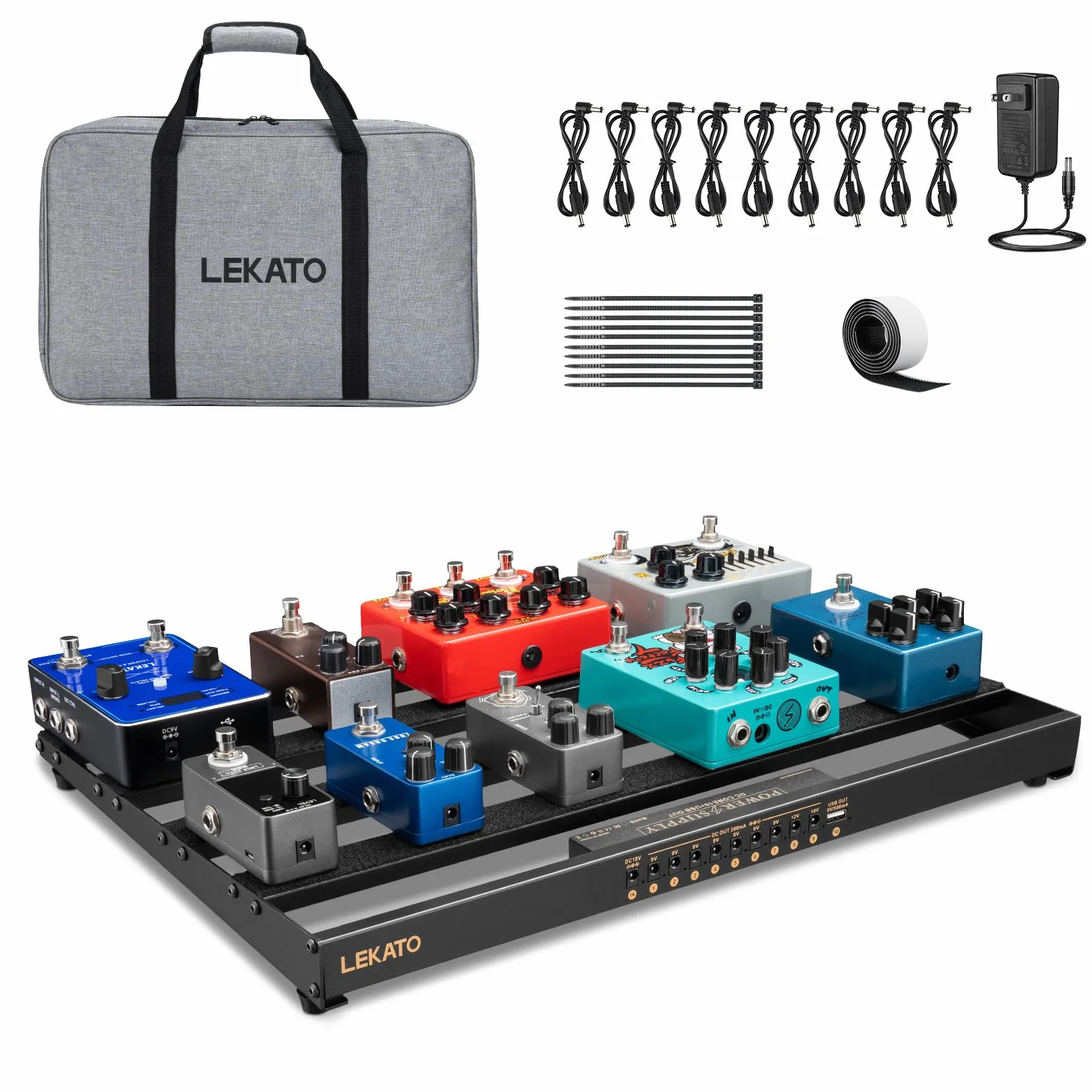 LEKATO Pedalera con Fuente de Alimentación Incorporada, Pedalera de Efecto Grande de 19,1*12,2*1,8 Pulgadas,Juego de Pedalera de Aleación de Aluminio con Bolsa de Transporte,Cables de Pedal,adhesivo