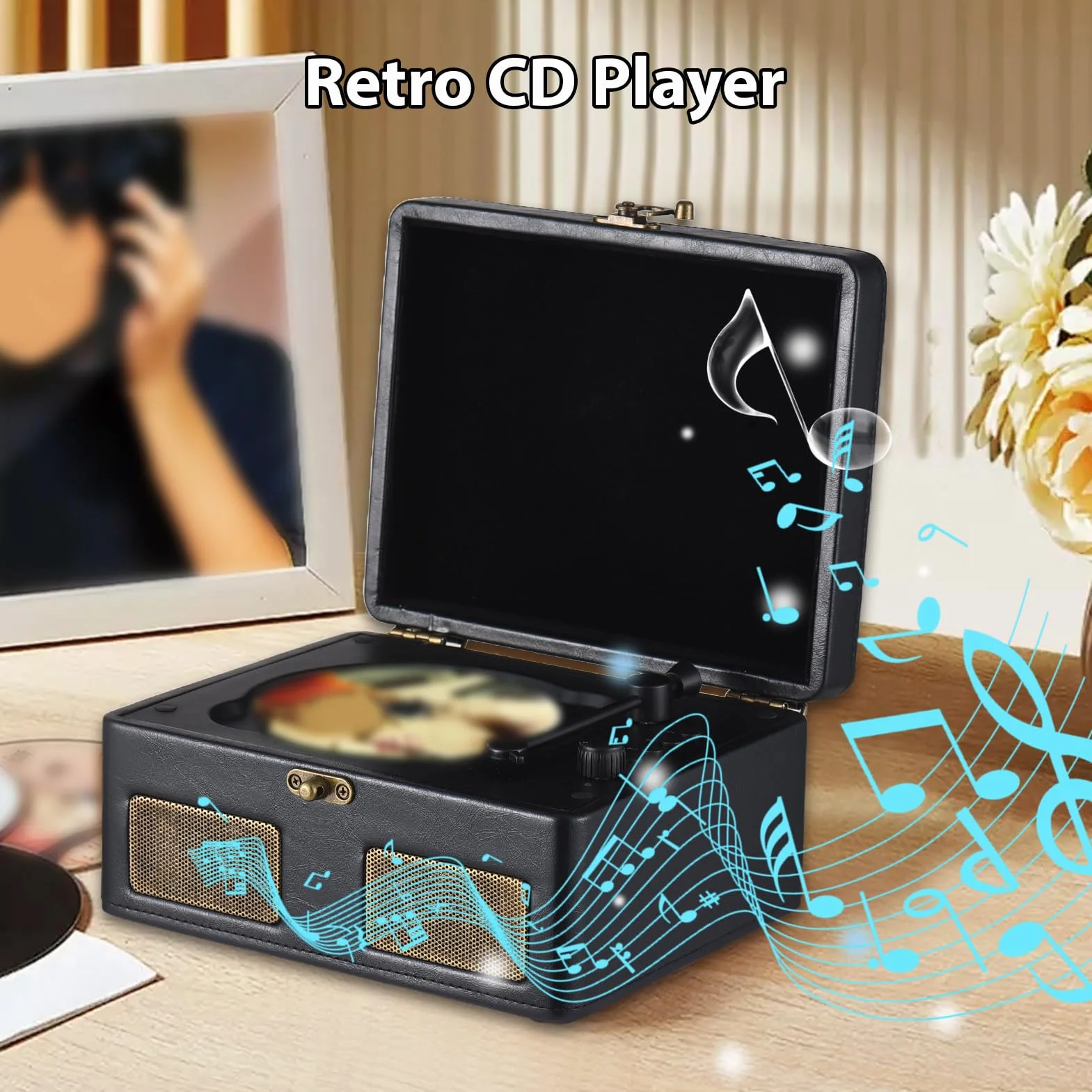 Reproductor de CD Retro Portátil con Altavoces Integrados, Batería 2000 MAh, Transmisión Inalámbrica, Negro