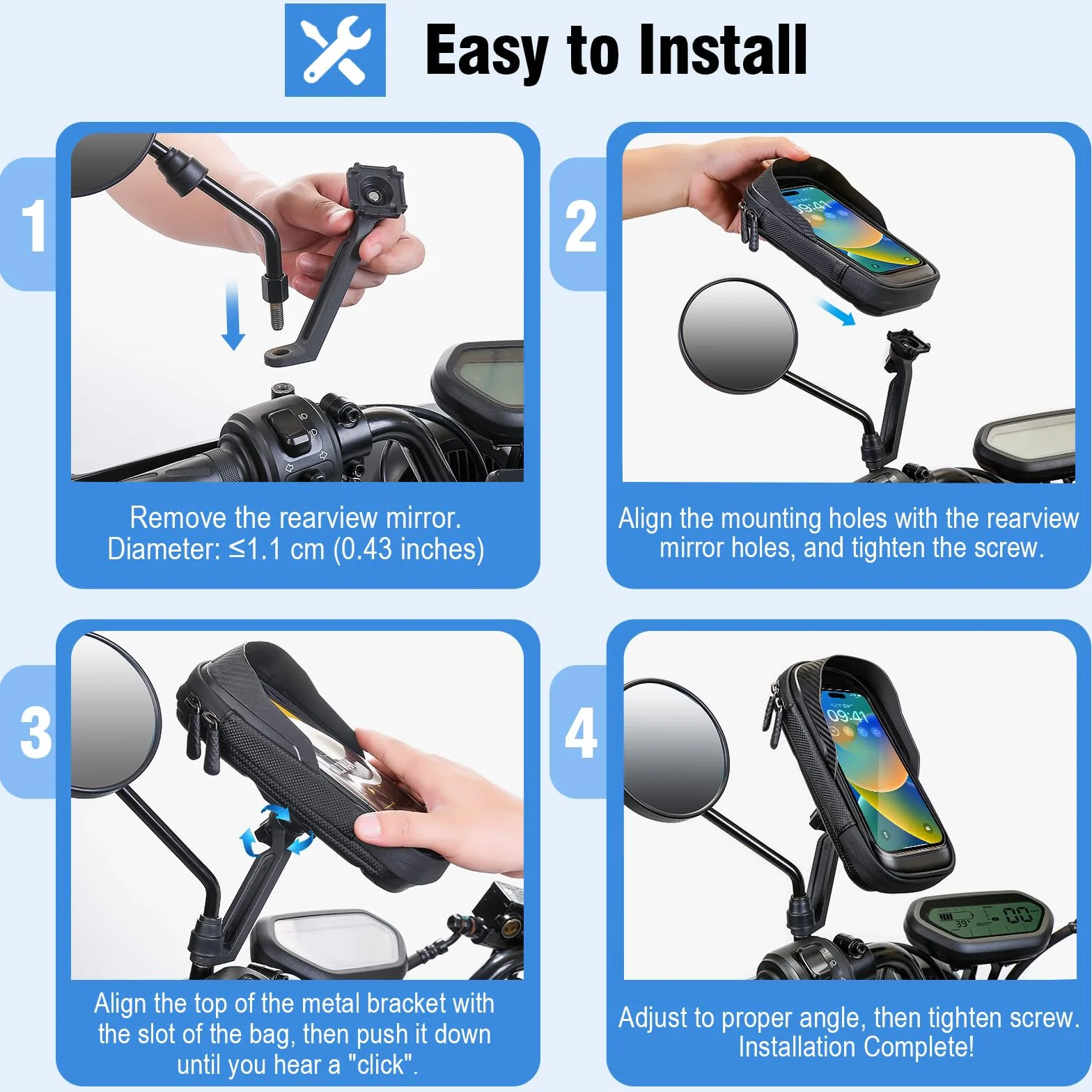 Soporte Movil Moto, Soporte Movil Scooter 360° Rotación Porta Móvil Moto Impermeable para Retrovisor con Pantalla Táctil para 4,0-7,2" Teléfono (Negro)