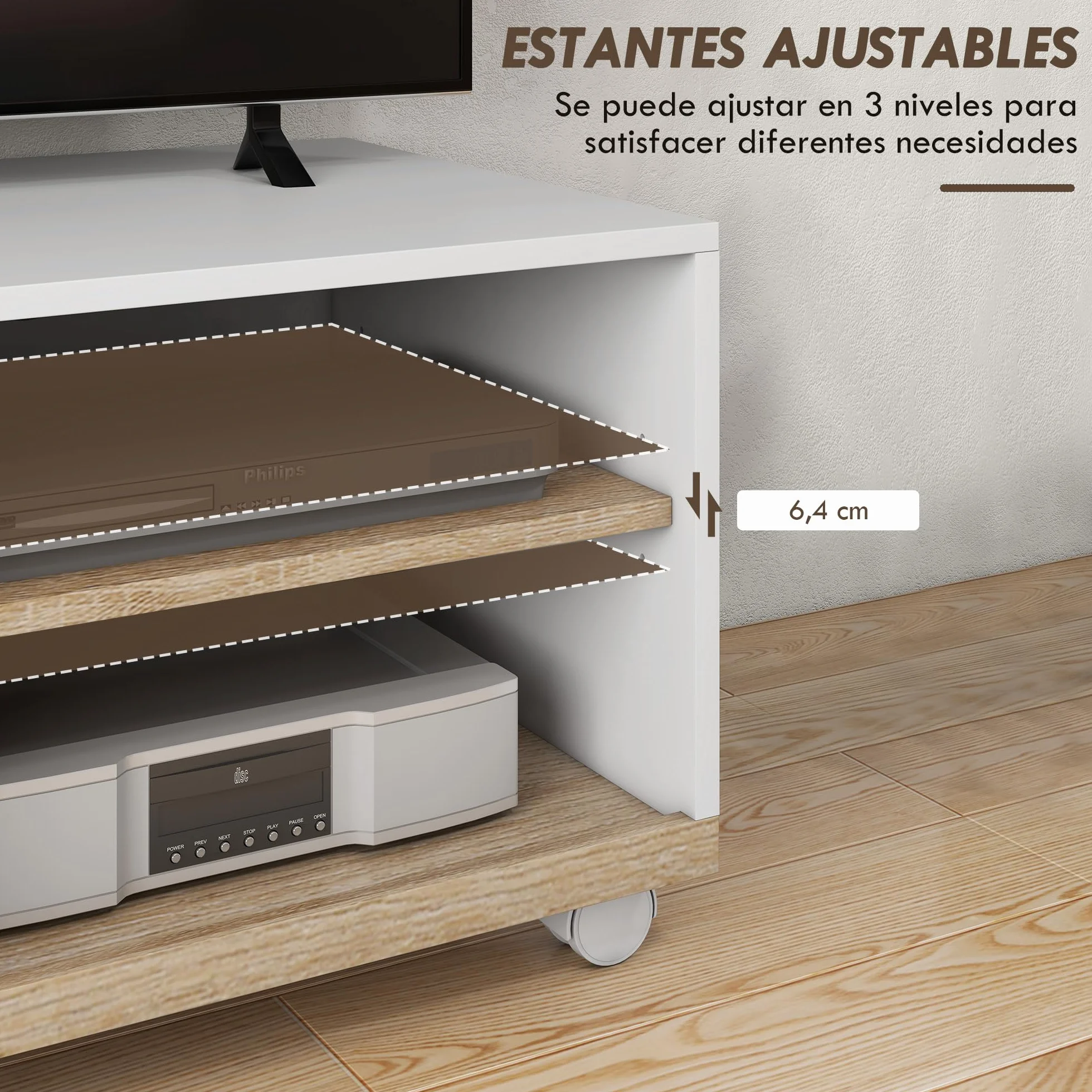 HOMCOM Mueble TV de Salón Moderno con Ruedas Mesa para Televisores de 42 Pulgadas Módulo TV con 1 Puerta y 2 Estantes de Almacenamiento 80x45x41 cm Blanco