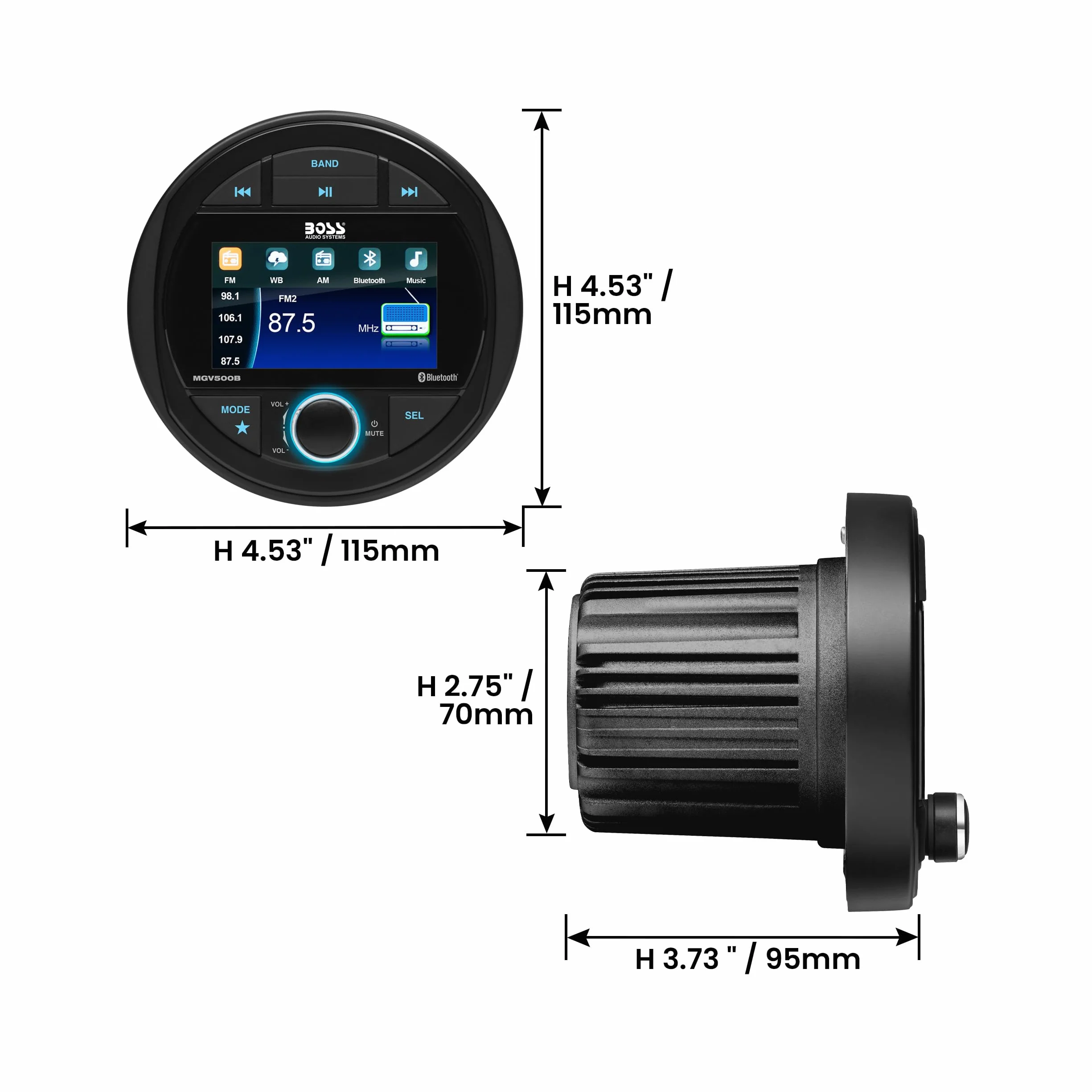 BOSS Audio Systems MGV500B Receptor estéreo marino Bluetooth radio AM/FM pantalla de 3 pulgadas resistente a la intemperie
