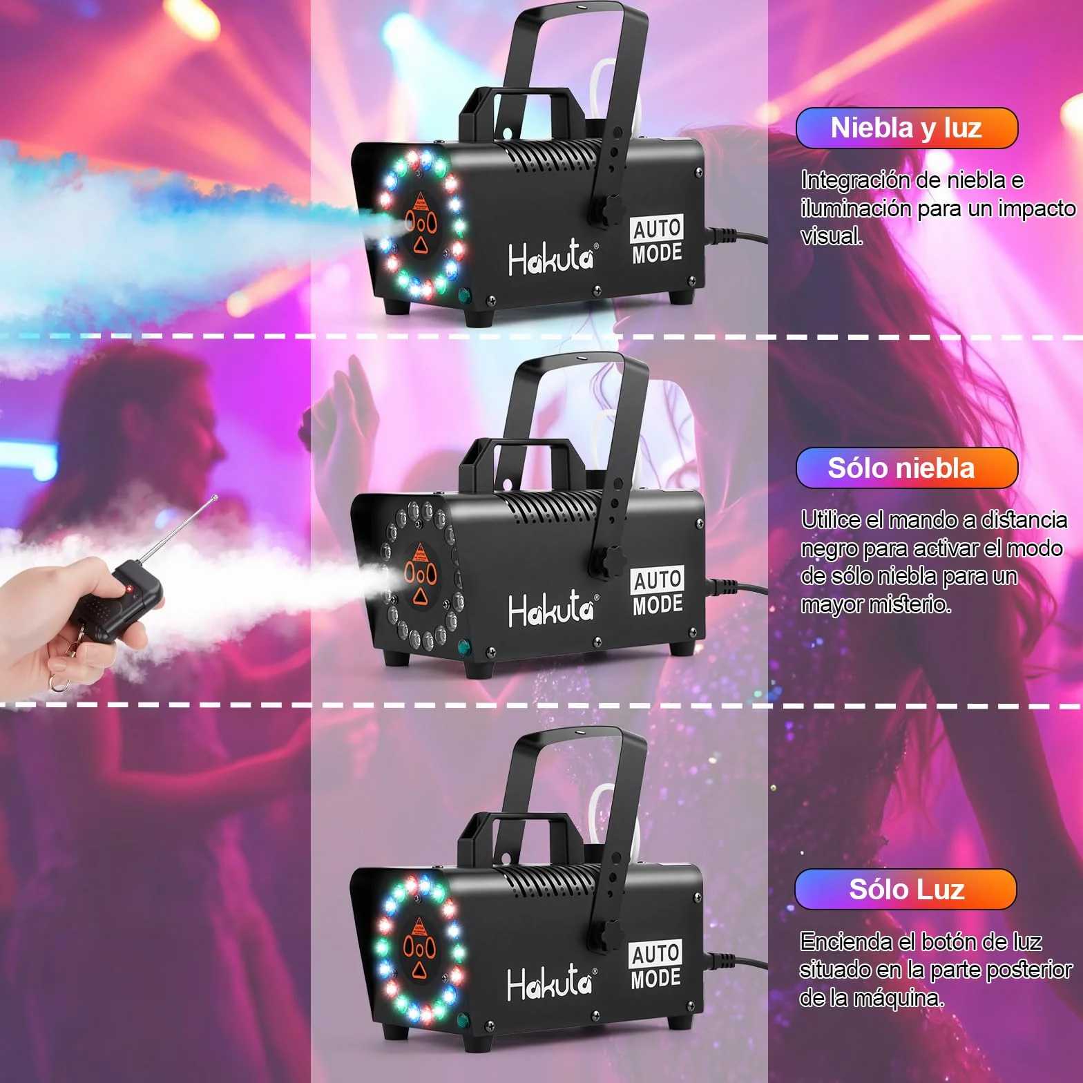 Hakuta Máquina de Niebla con 18 Luces LED, Mando a Distancia, Función Automática - Efecto Humo para Fiestas, Eventos en Interiores, Decoración Hogar (Negro)
