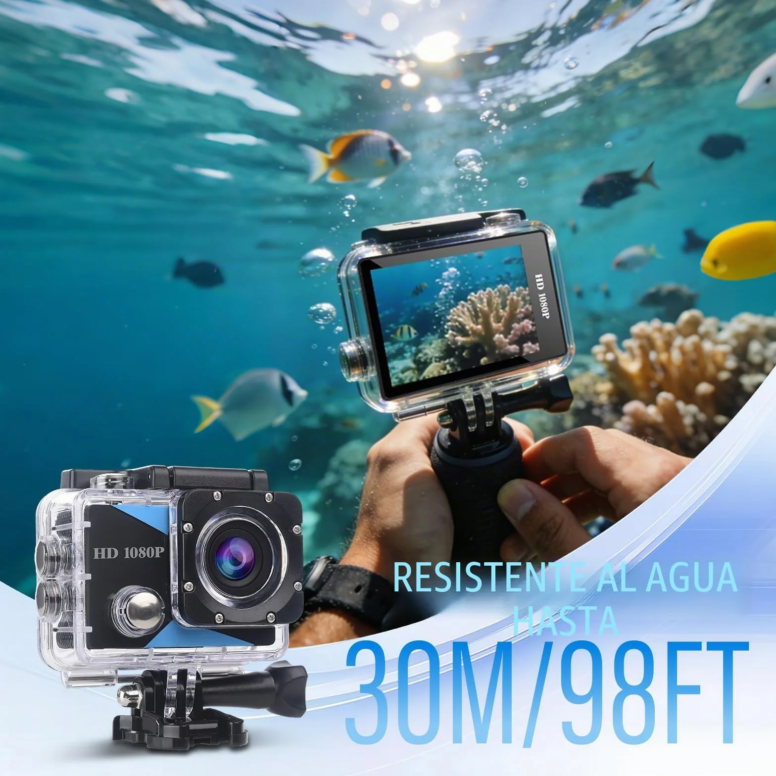 Cámara Deportiva 1080P Avec Carte Mémoire 32GB, 12MP Cámara de acción con Gran Angula Lente, Cámara Subacuática Impermeable 30M/98FT con 2 Baterías y Accesorios Kit para Casco y Bicicleta, etc.