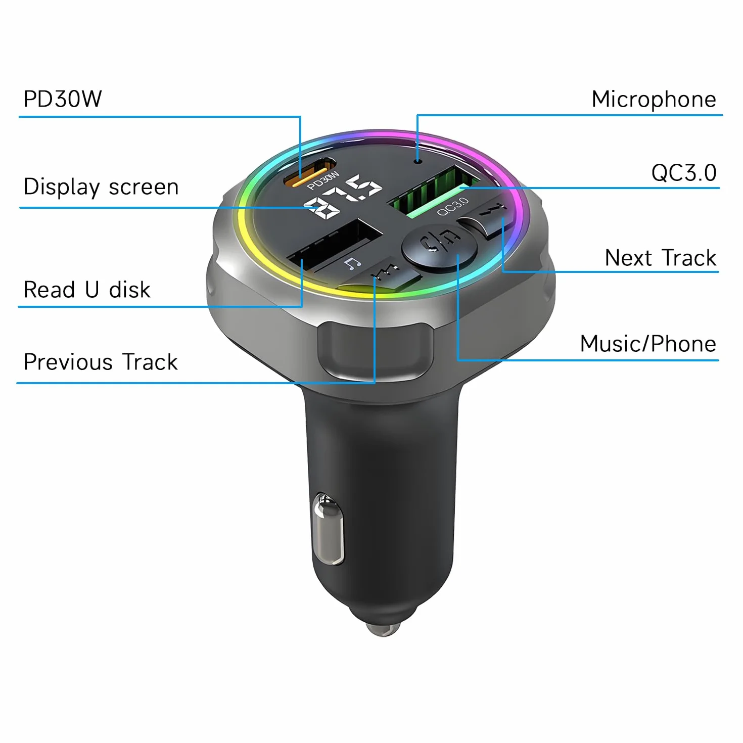 Qumox Transmisor FM Bluetooth 5.3 para Coche, Cargador PD 30W + QC3.0, Luz Ambiental RGB, Puertos USB Dobles, Manos Libres, Audio Hi-Fi, Compatible con iPhone/Samsung/Todo Tipo de Vehículos