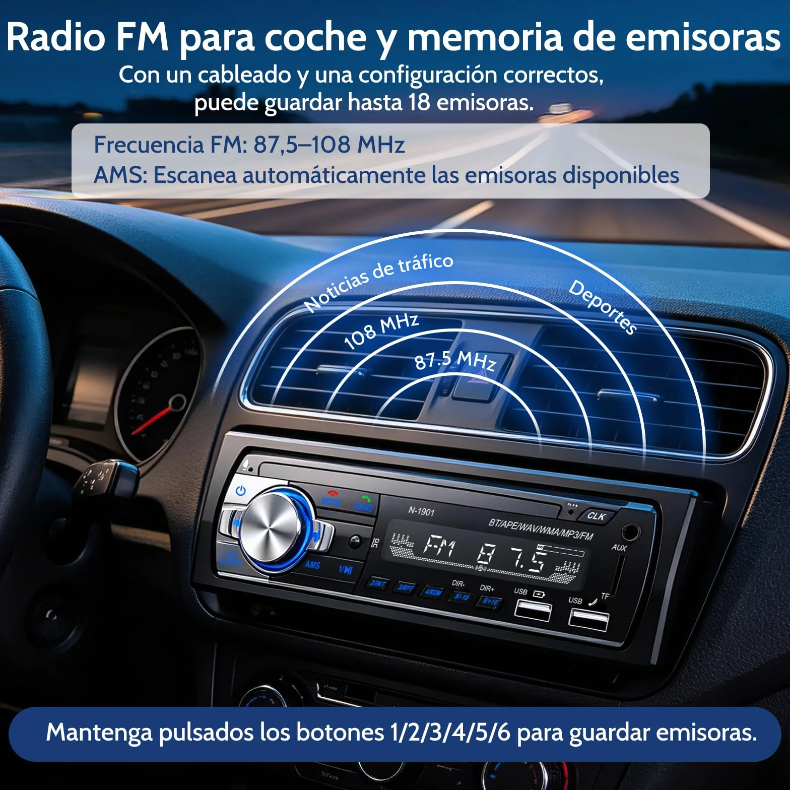 Radio Coche Bluetooth,Wistrue Radio Coche 1 DIN FM Autoradio Bluetooth soporta 2USB/AUX/SD/TF/Control Remoto/Carga Rápida, Compatible con iOS & Android (Sin CD/DVD)