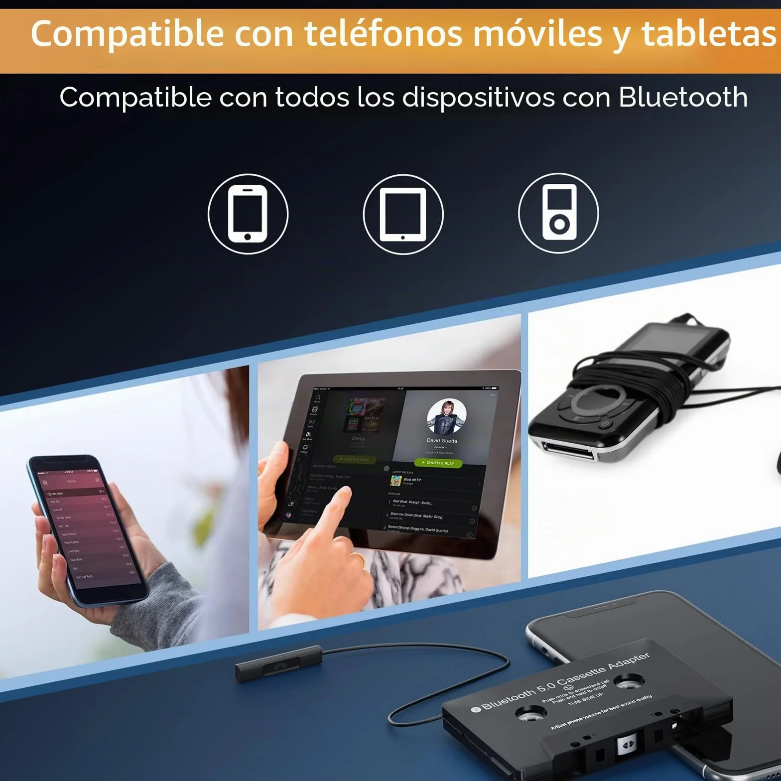 Mersoco Adaptador de cassette Bluetooth 5.0 con función manos libres - Adaptador de cassette para auto a AUX para radio de coche, compatible con smartphone, reproductor MP3, PC