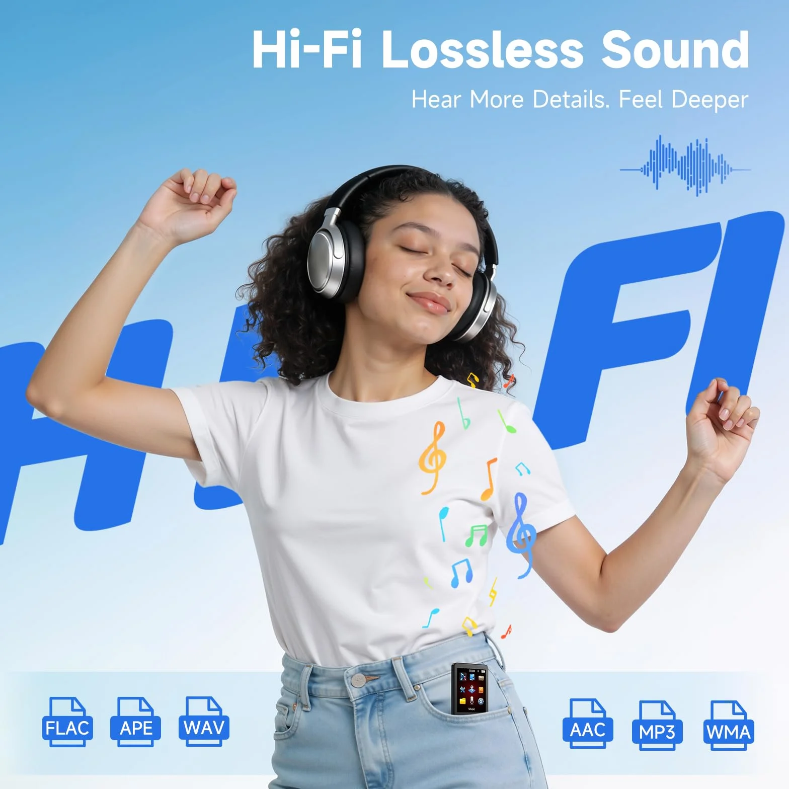 Reproductor MP3 de 64 GB con Bluetooth 5.3, Reproductor de música portátil con Altavoz Integrado, Lector de Audio Digital para Deportes con Dictado, Radio FM, Compatible con Tarjetas de Memoria de