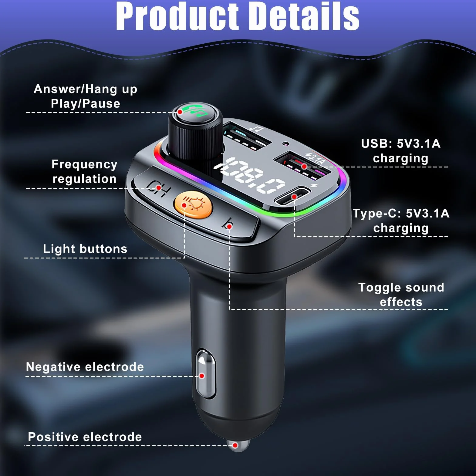 Transmisor FM Bluetooth Coche, Adaptador Bluetooth Radio Coche, Manos Libres, Radio Inalámbrica 5.0, Reproductor MP3, Soporte de Graves Hi-Fi, con luz Ambiental