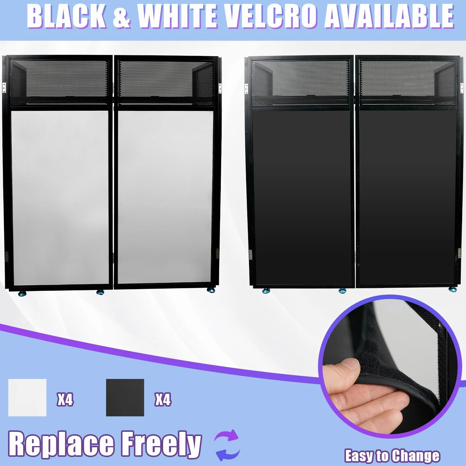 Cabina de DJ portátil, 108 x 53,5 x 118 cm, fachada de DJ con scrims negros y blancos, marco de metal negro, consola plegable de DJ de altura ajustable para eventos, fiestas, bodas