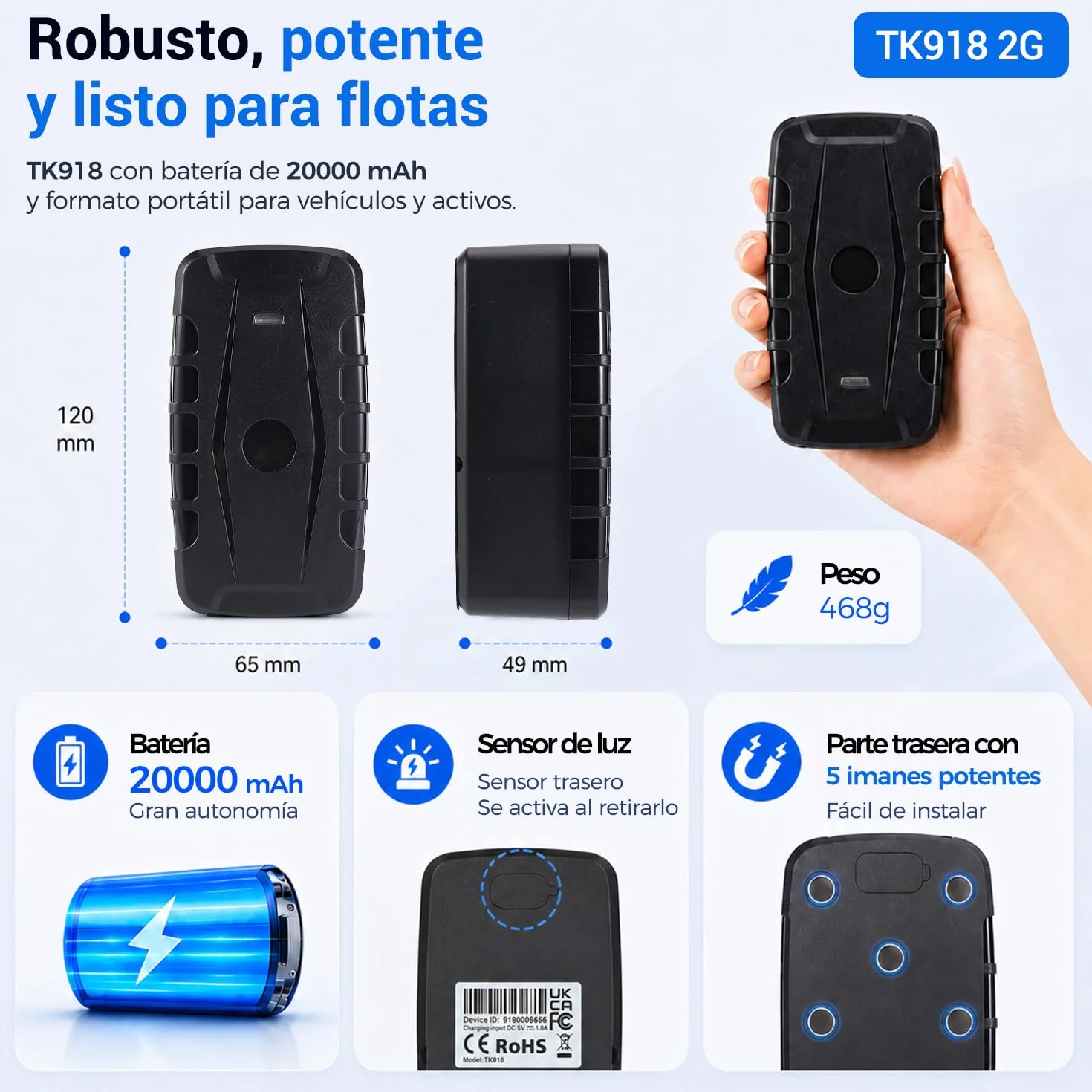 Localizador GPS para Coche y Flotas Batería 20000 mAh, Seguimiento de Varios Vehículos por App/Web/SMS y Llamada, Rastreador GPS IP67 Impermeable, Geovalla, Alertas y Rutas para Camiones y Activos