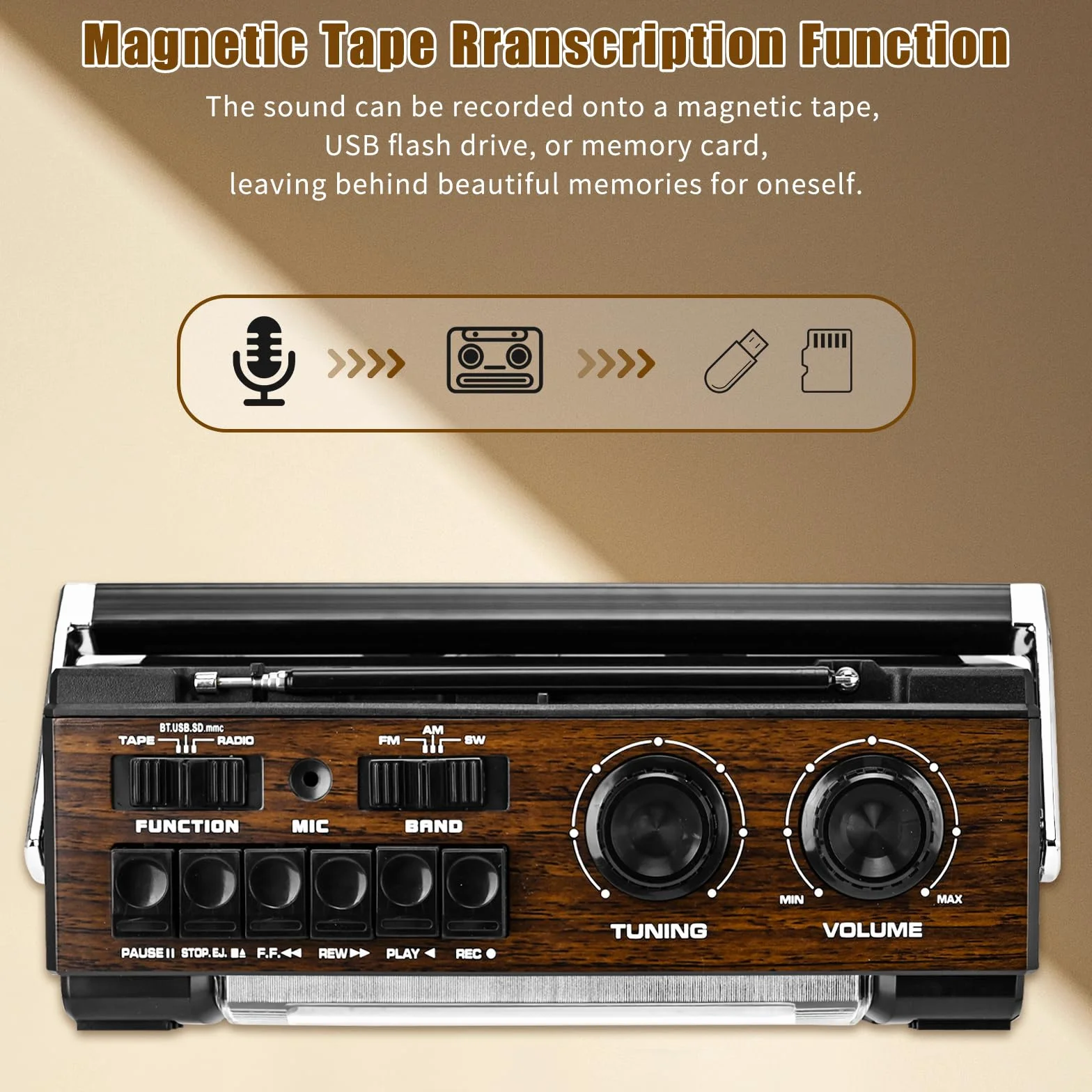 Reproductor de Cinta Portátil Retro Boombox con Radio AM/FM/SW y USB SD MMC Altavoces Incorporados (Grano de Madera)
