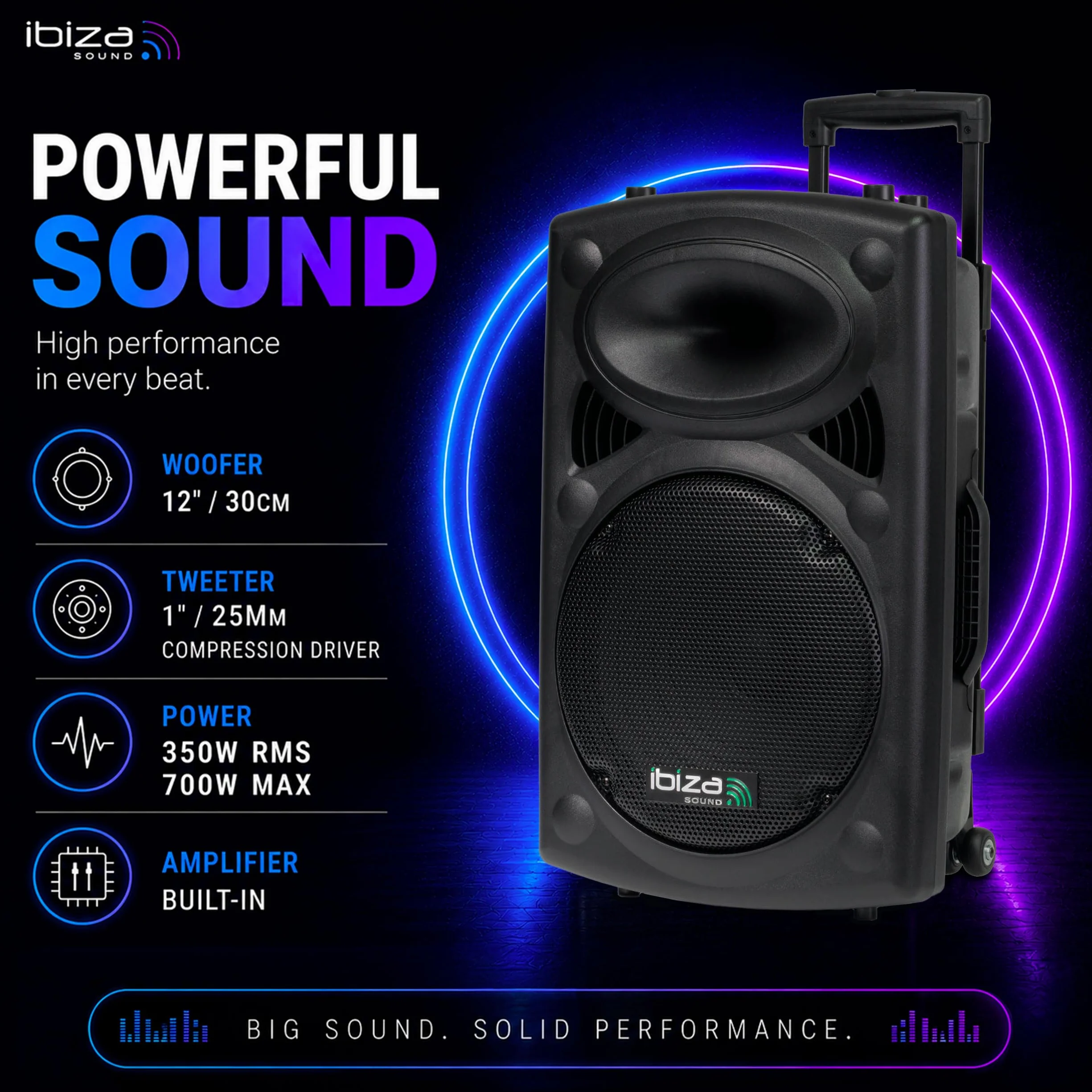 Ibiza PORT12VHF-BT Altavoz PA Portátil 12" 700W Máx. 350W RMS con 2 Micrófonos VHF TWS Trolley