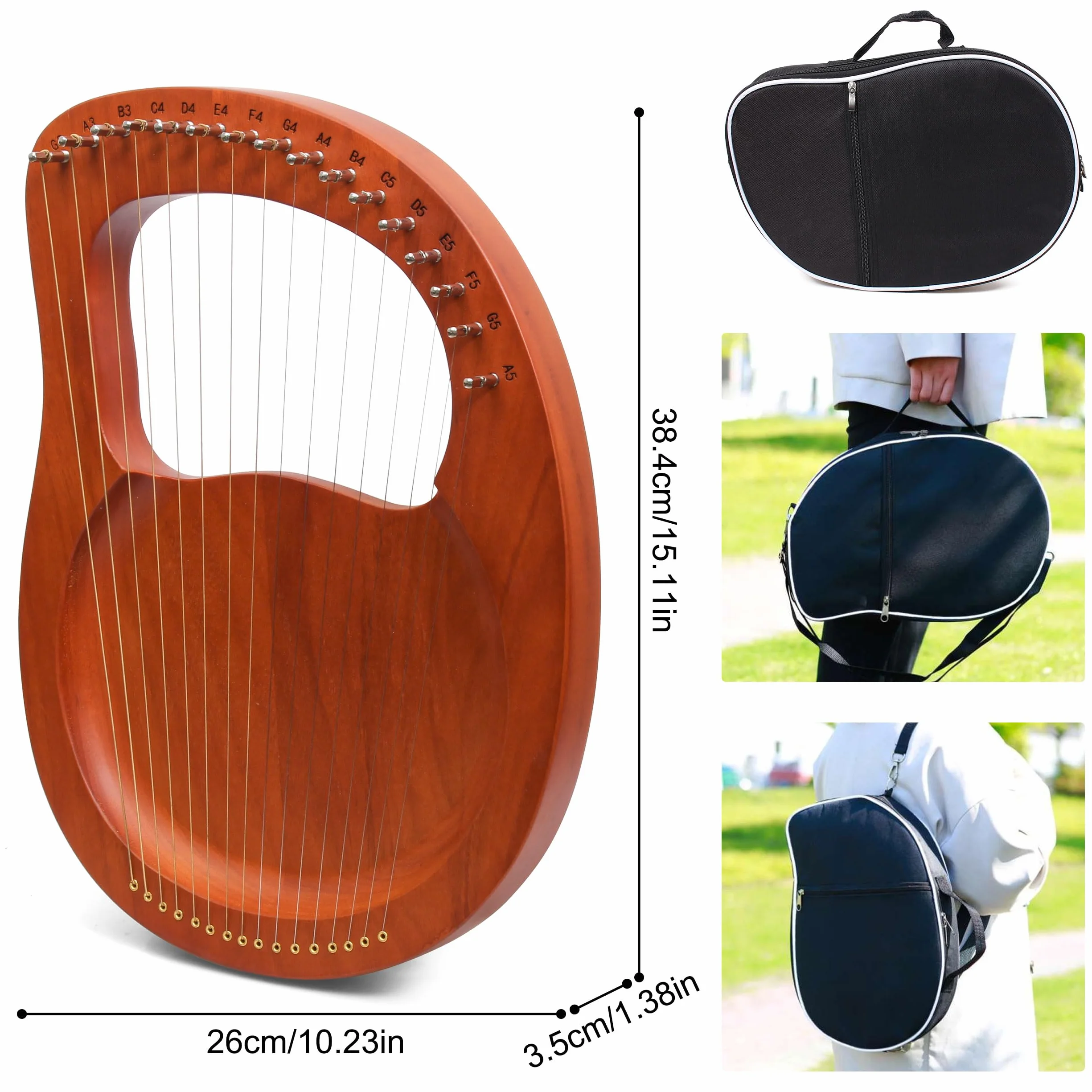 Arpa Lira de 16 Cuerdas Arpa de Madera Lyre Harp con llave de Afinación y Bolsa Negra instrumento lira, Marrón, Plancton