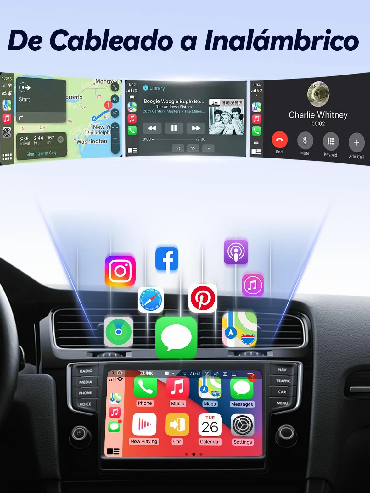 T3 Mini Adaptador CarPlay Inalámbrico para iPhone, Convierte CarPlay con Cable en Inalámbrico, Plug & Play con Type-C/USB, Compatible con Coches Desde 2016, Adecuado para iPhone con iOS 10+