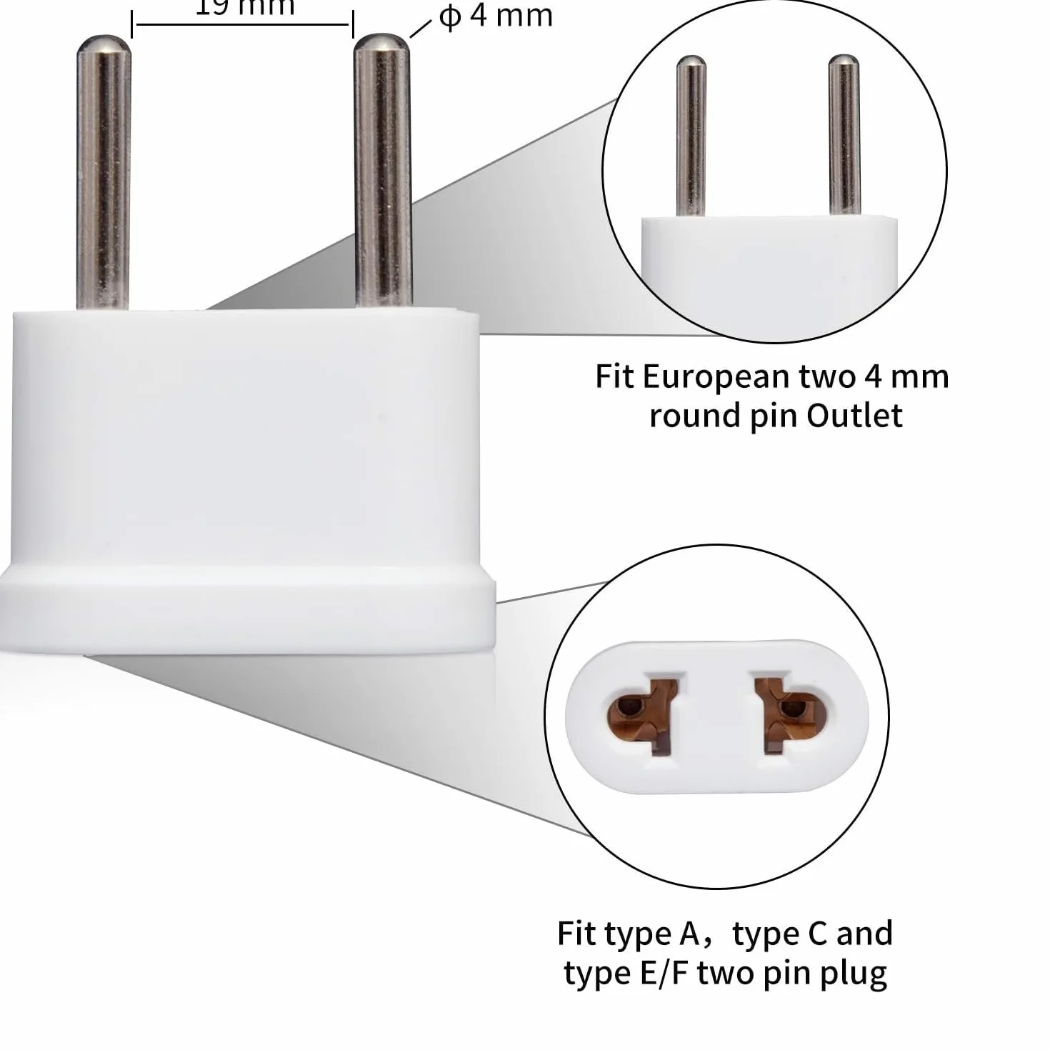 TECHZOCO Adaptador de Enchufe de EEUU a Enchufe Europeo, Adaptador de Corriente Americano a Europeo, Enchufe Viaje, 125~250 V/6 A, Potencia máxima a 250 V: 1500W, Blanco, 4 Unidades
