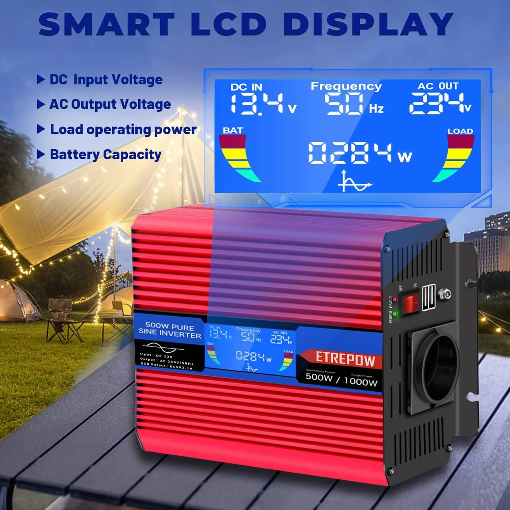 Inversor 12v 220v Onda Pura 500w/1000w Convertidor de Voltaje con 2 USB, Control Remoto Inalámbrico, Pantalla LCD Adecuado para Sistema Solar, Coche, Camping，caravanas