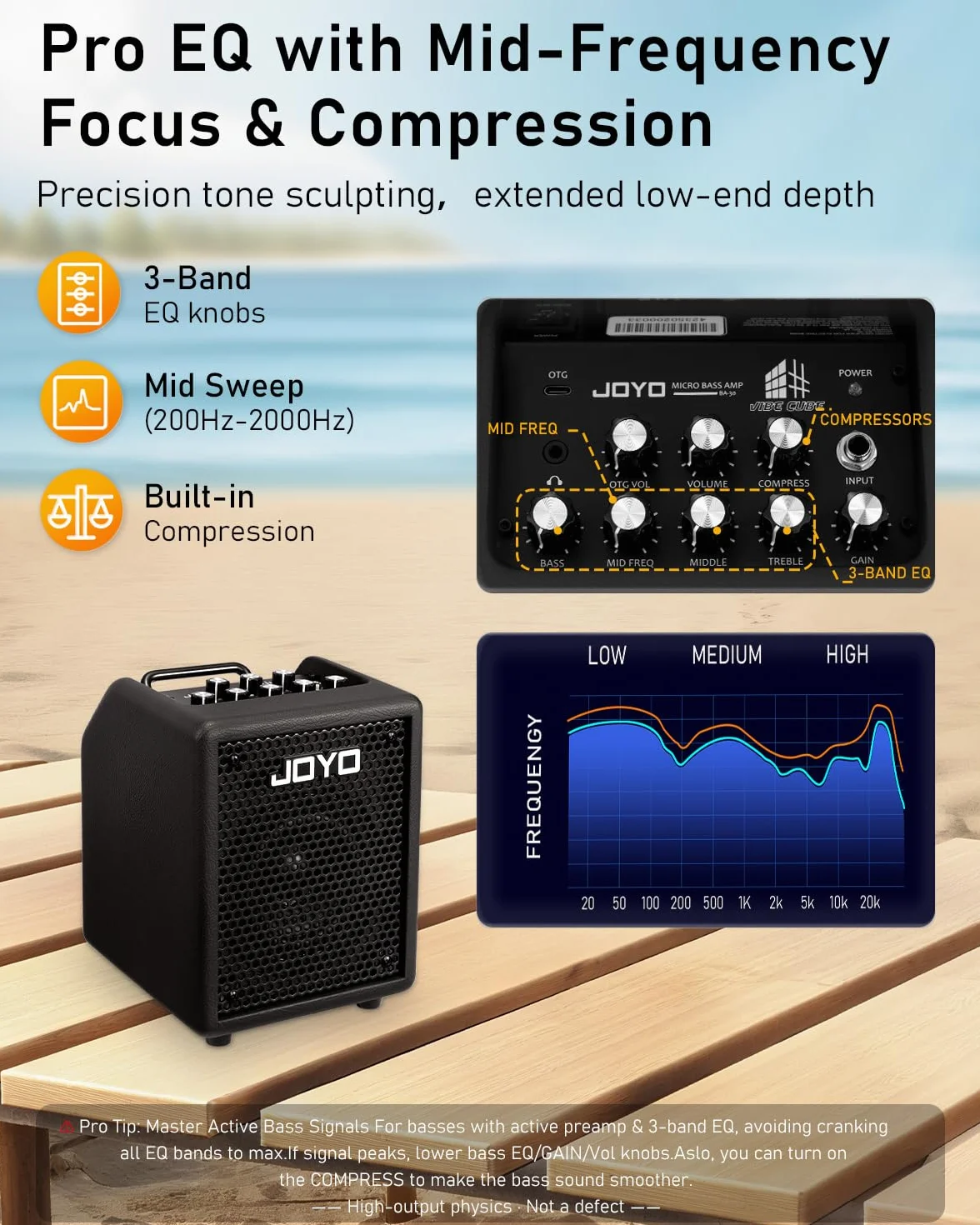 Joyo - Amplificador Combinado de bajo 30 W portátil – Altavoz de 4 Pulgadas, EQ 3 Bandas y compresor | Bluetooth 5.1 + grabación OTG, Salida de Auriculares para práctica Solo (Vibe Cube BA-30, Negro)