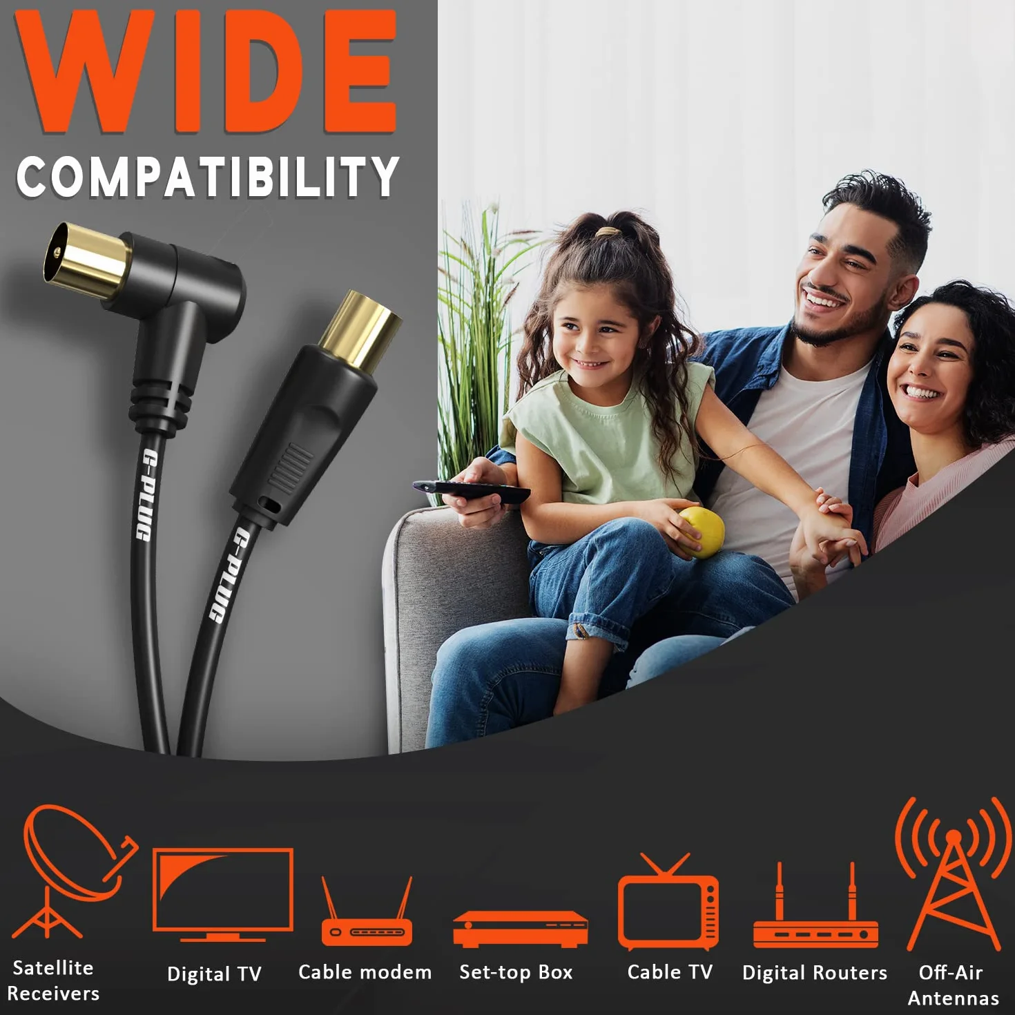 Cable de antena TV G-PLUG 1m coaxial macho-macho chapado en oro con adaptador RF y conector de ángulo recto
