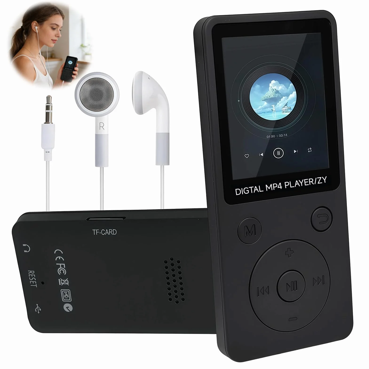 Reproductor MP3 Bluetooth 5.0 32GB con Altavoz, Pantalla 1.8", Radio FM, Auriculares Incluidos Negro