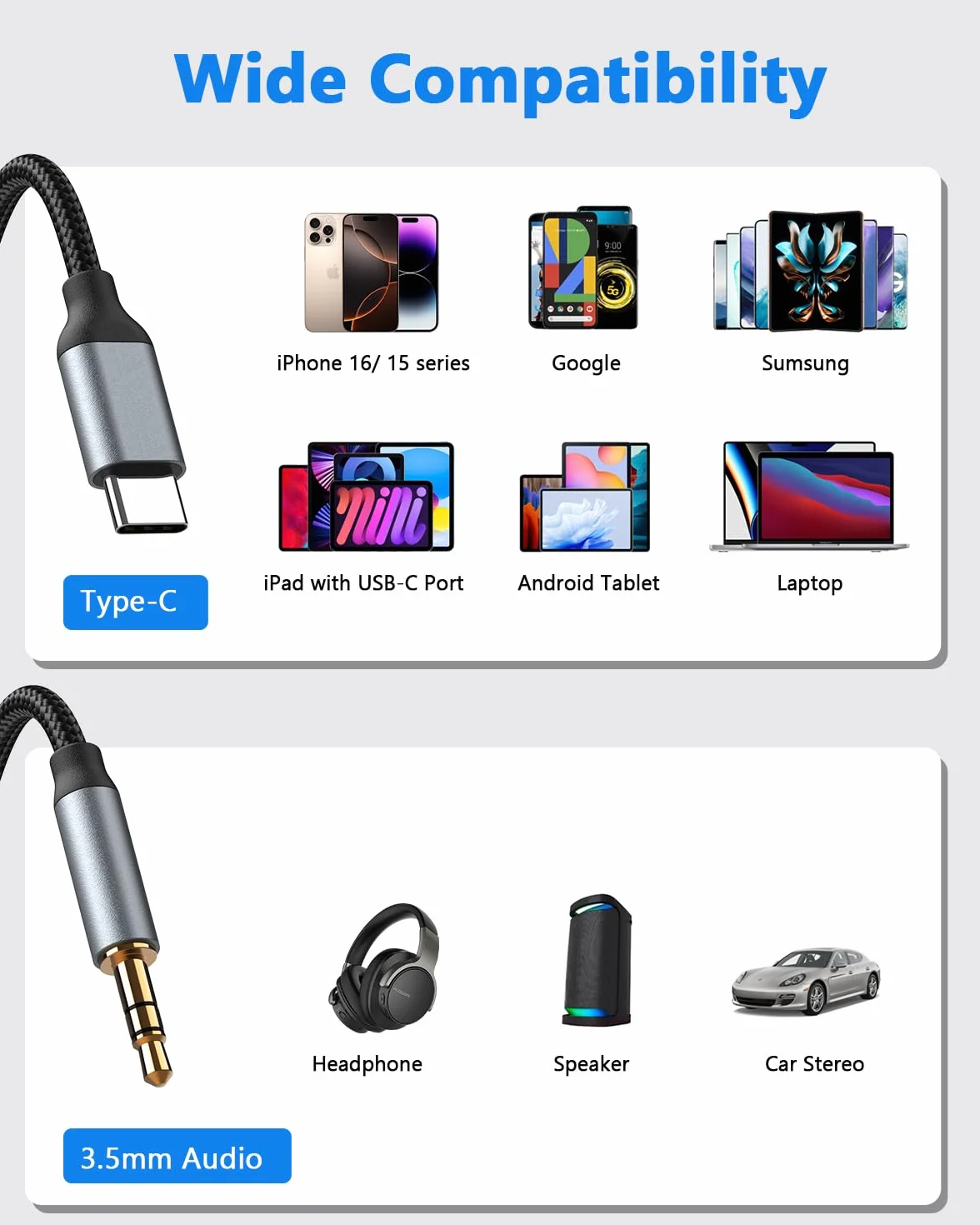 Cable Jack USB C a AUX 3,5 mm Nylon para iPhone 17 16 15 Samsung Galaxy S24 S23 S22 Adaptador Audio Estéreo