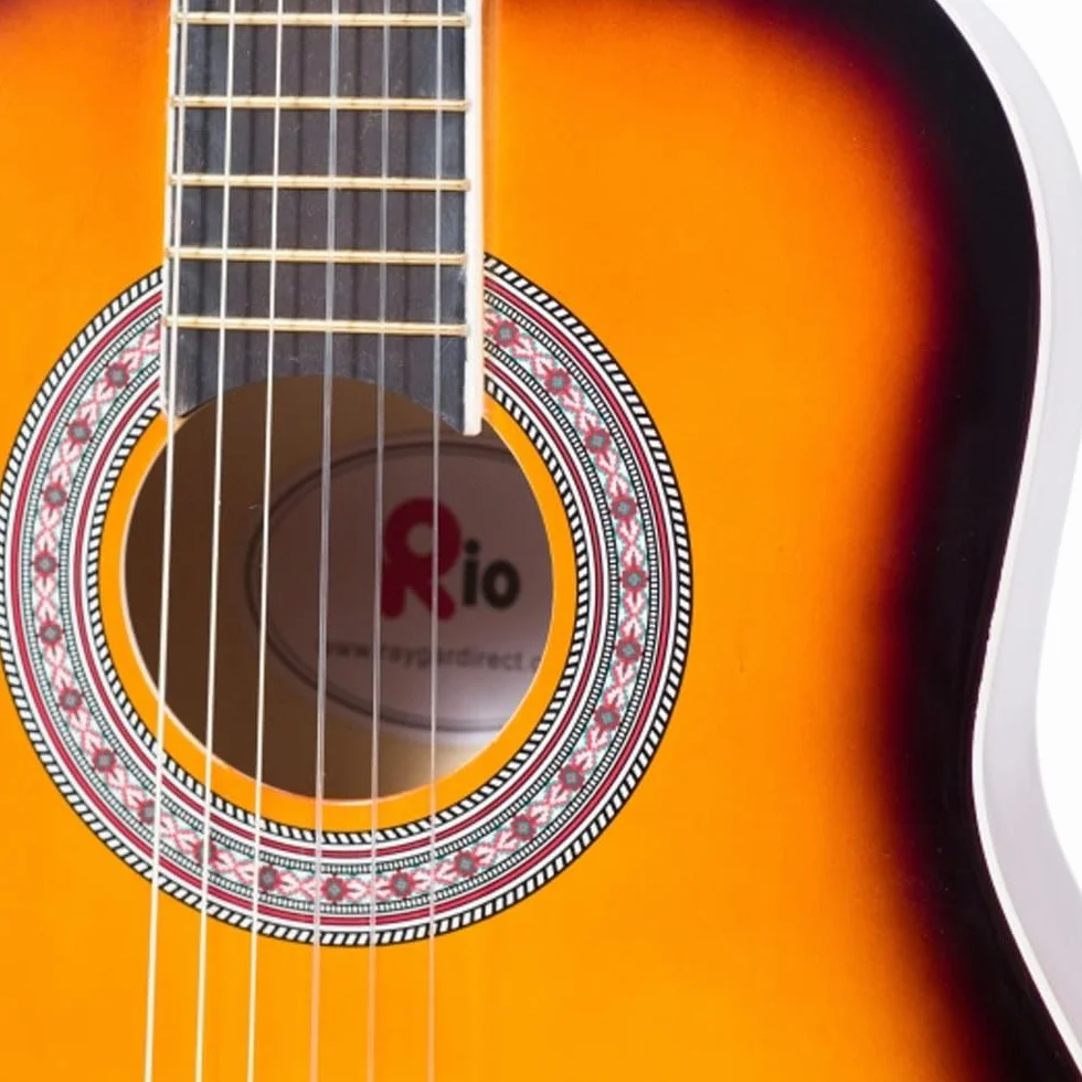 Rio Sunburst - Juego de guitarra acústica de nailon de 99 cm, 4/4, tamaño completo (Sunburst)