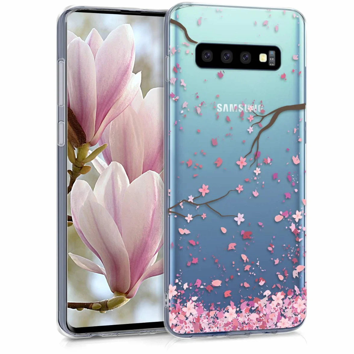 kwmobile Carcasa Compatible con Samsung Galaxy S10 - Funda Silicona TPU Flores Cerezo cayendo Rosado Suave/marrón Oscuro/Transparente