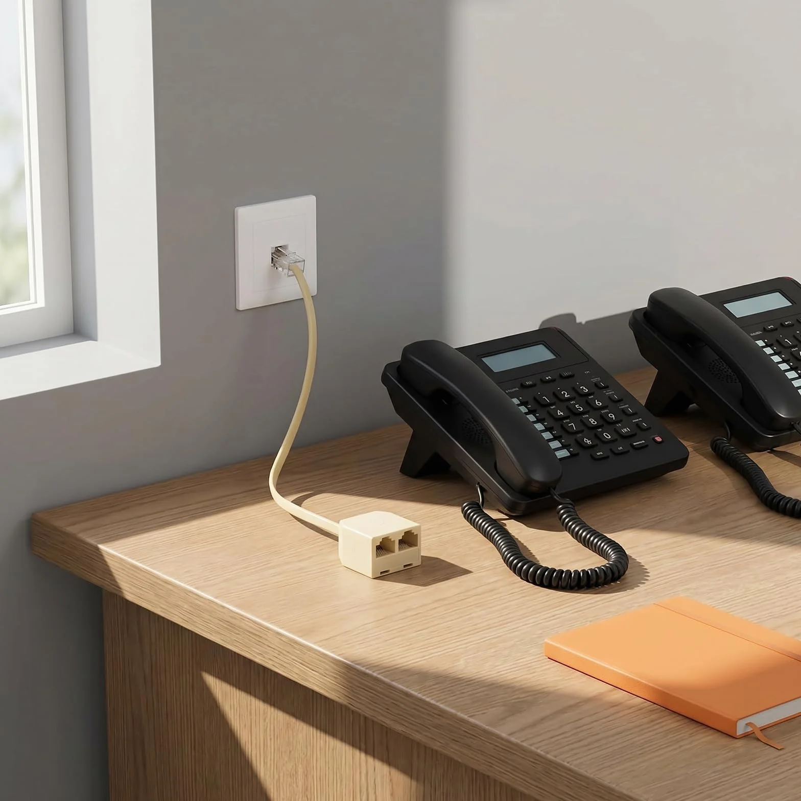 HENGBIRD 2 Piezas Divisor RJ11 para Teléfono Fijo, Adaptador de Teléfono a RJ11 6P4C, 1 Macho a 2 Hembra, Divisor Telefónico Fijo RJ11 para Cable Teléfono Fijo, Fax y Teléfono, Beige