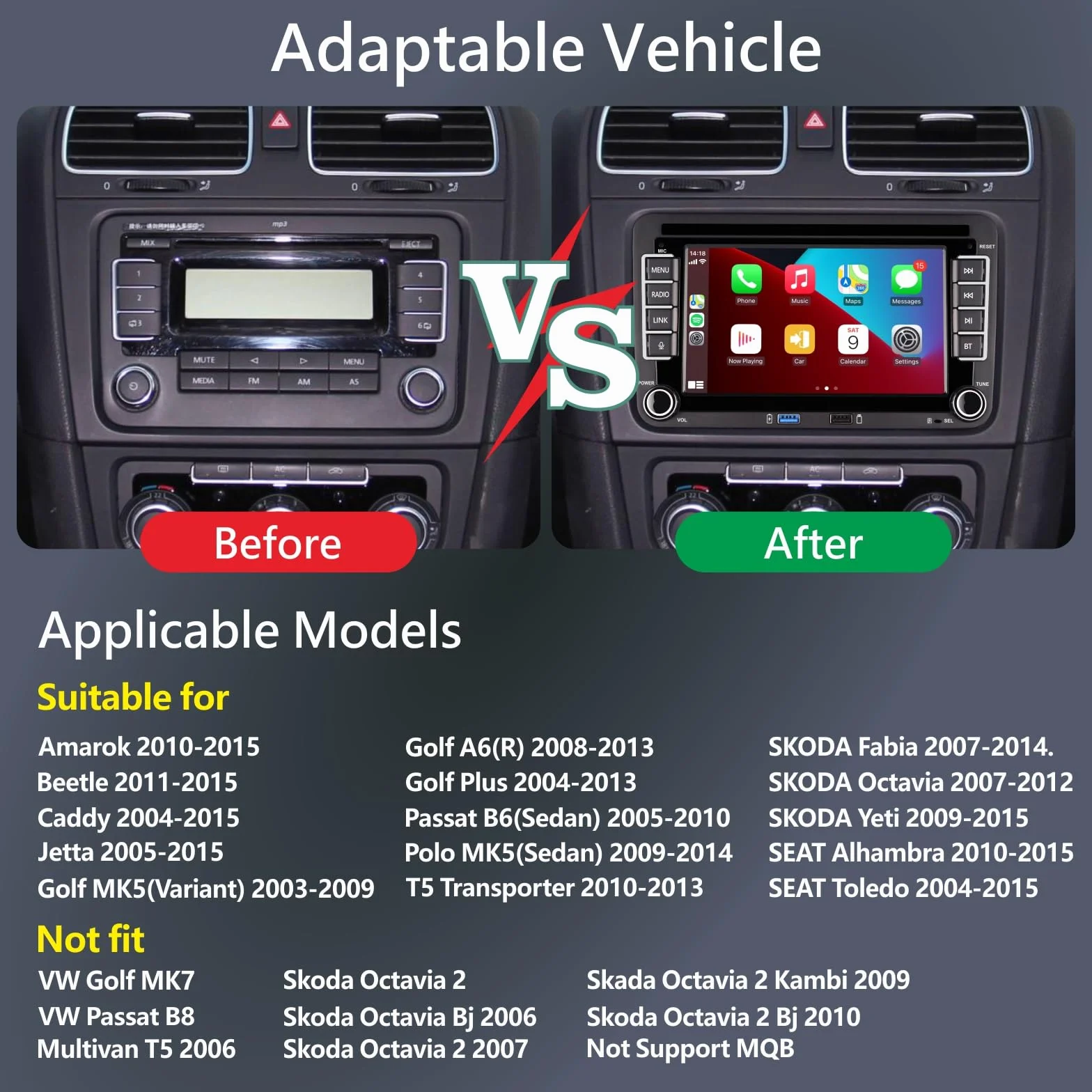 [Versión Fluidez] Radio de automóviles VW Golf 5 6 Polo T5 Tiguan Skoda Passat Jetta Caddy CC Polo Touran Carplay & Android Auto, 7 Pulgadas Pantalla Táctil con/Bluetooth/FM/Am Radio/USB/DPS/RDS