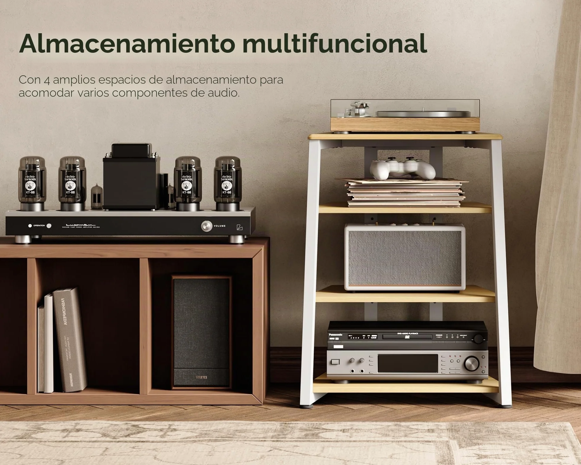 FITUEYES Mueble Tocadiscos de Madera y Metal Mueble HiFi para Tocadiscos Equipo HiFi Muebles HiFi con Estante Regulable Carga MAX. 50kg